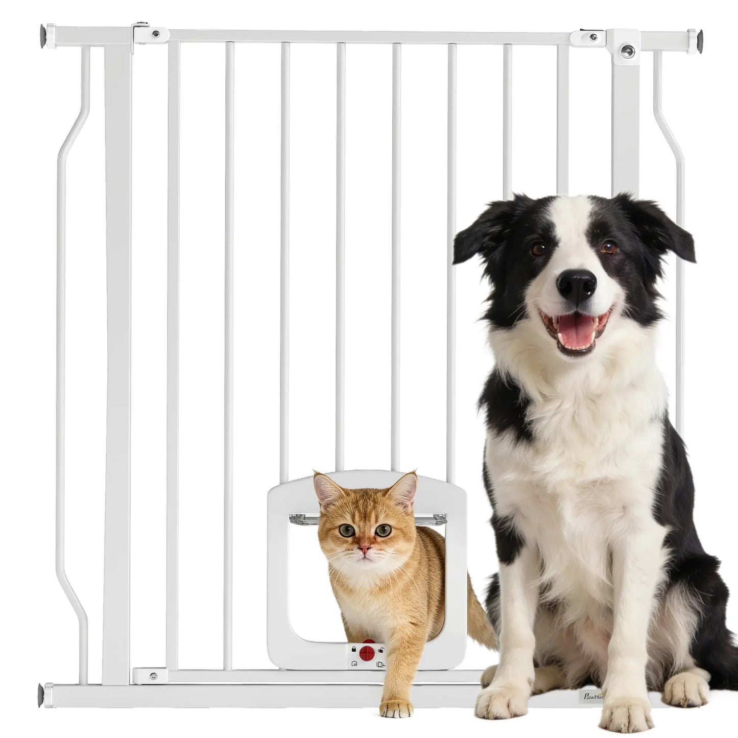 29.5-33.5" Adjustable Dog Gate with Cat Door, White