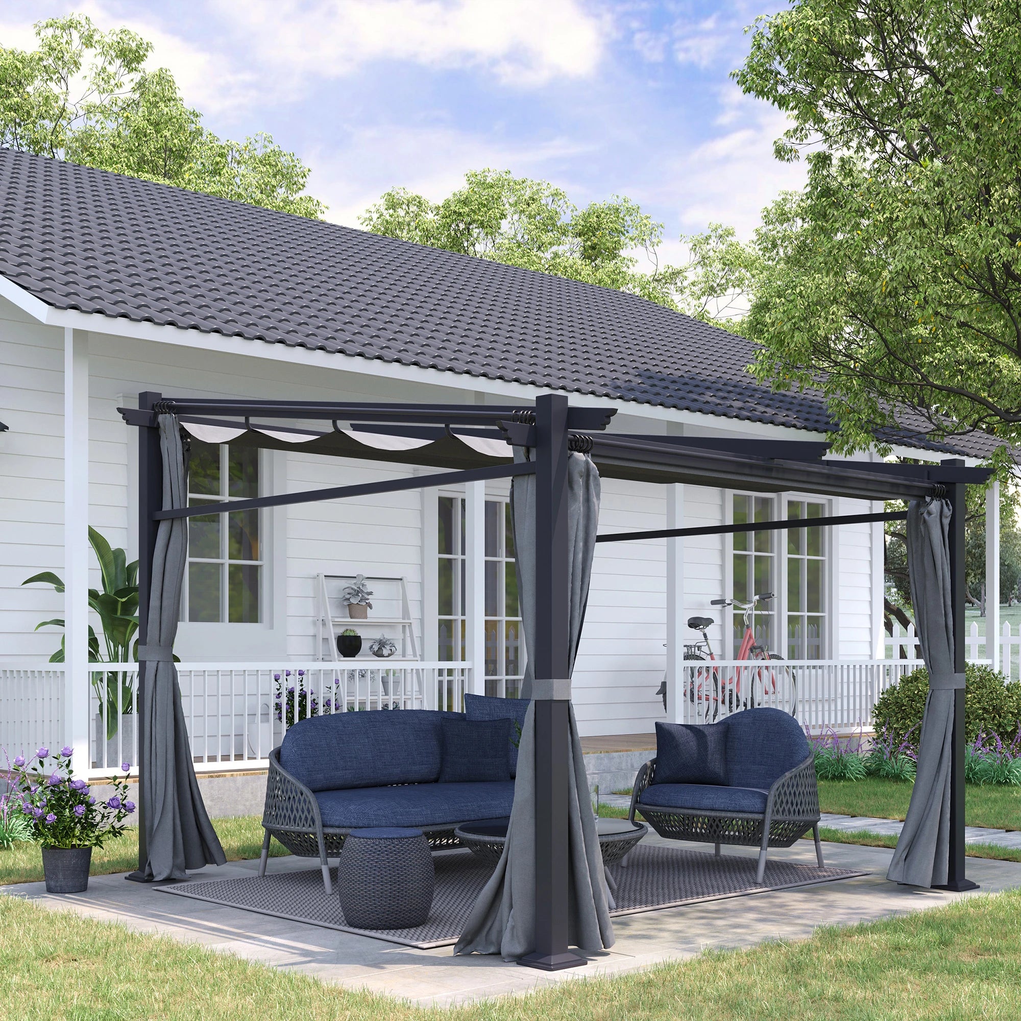 Metal Pergola, Sliding Roof Canopy, Retractable, 10' x 10', Dark Grey Pergolas at Gallery Canada