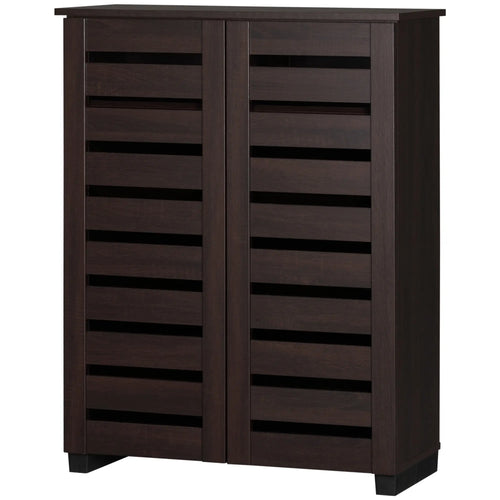 Narrow Shoe Cabinet, 2 Slatted Doors, Adjustable Shelves, Holds 15 Pairs, Dark Brown