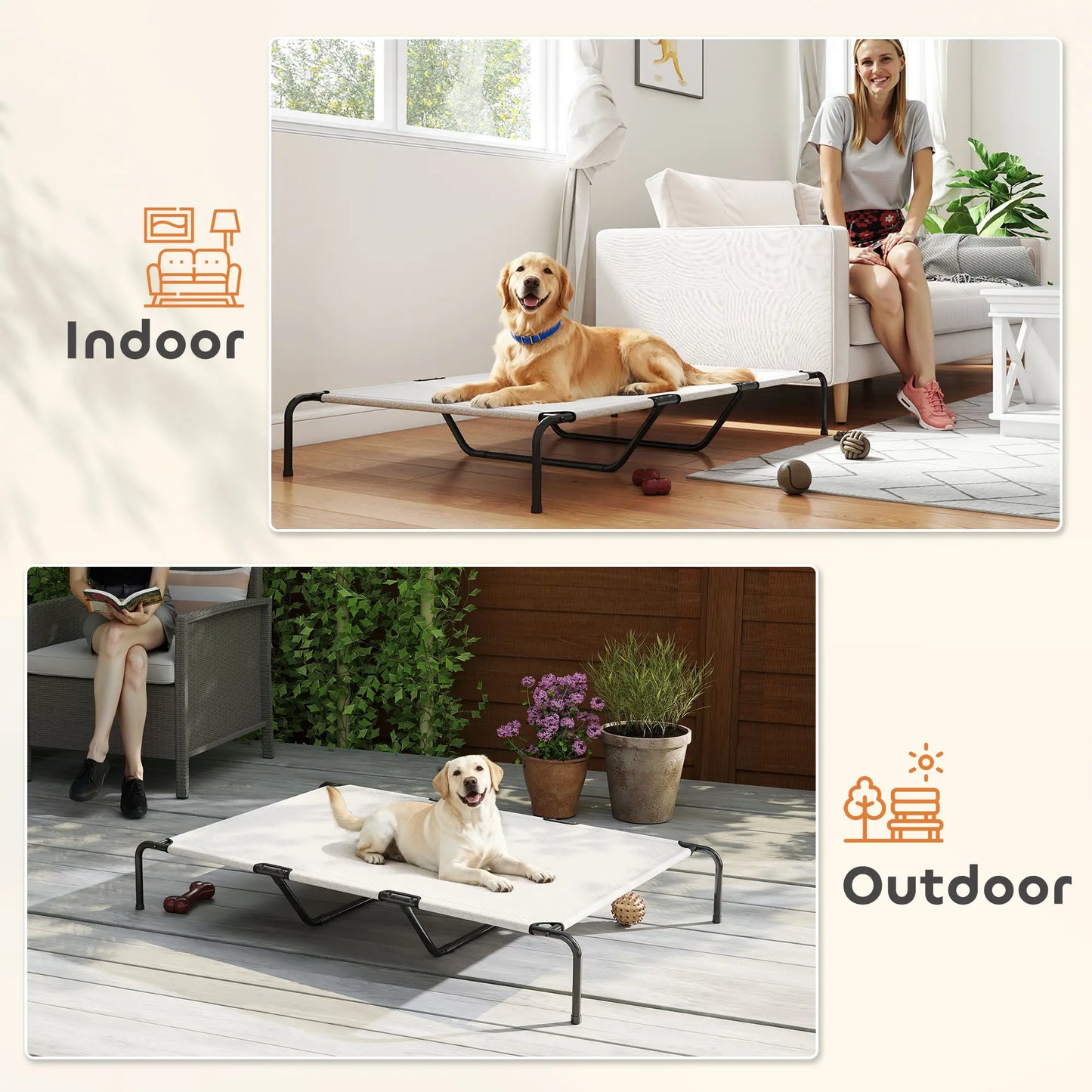 Large Dog Bed, Elevated Outdoor Cot, Breathable Mesh, Beige