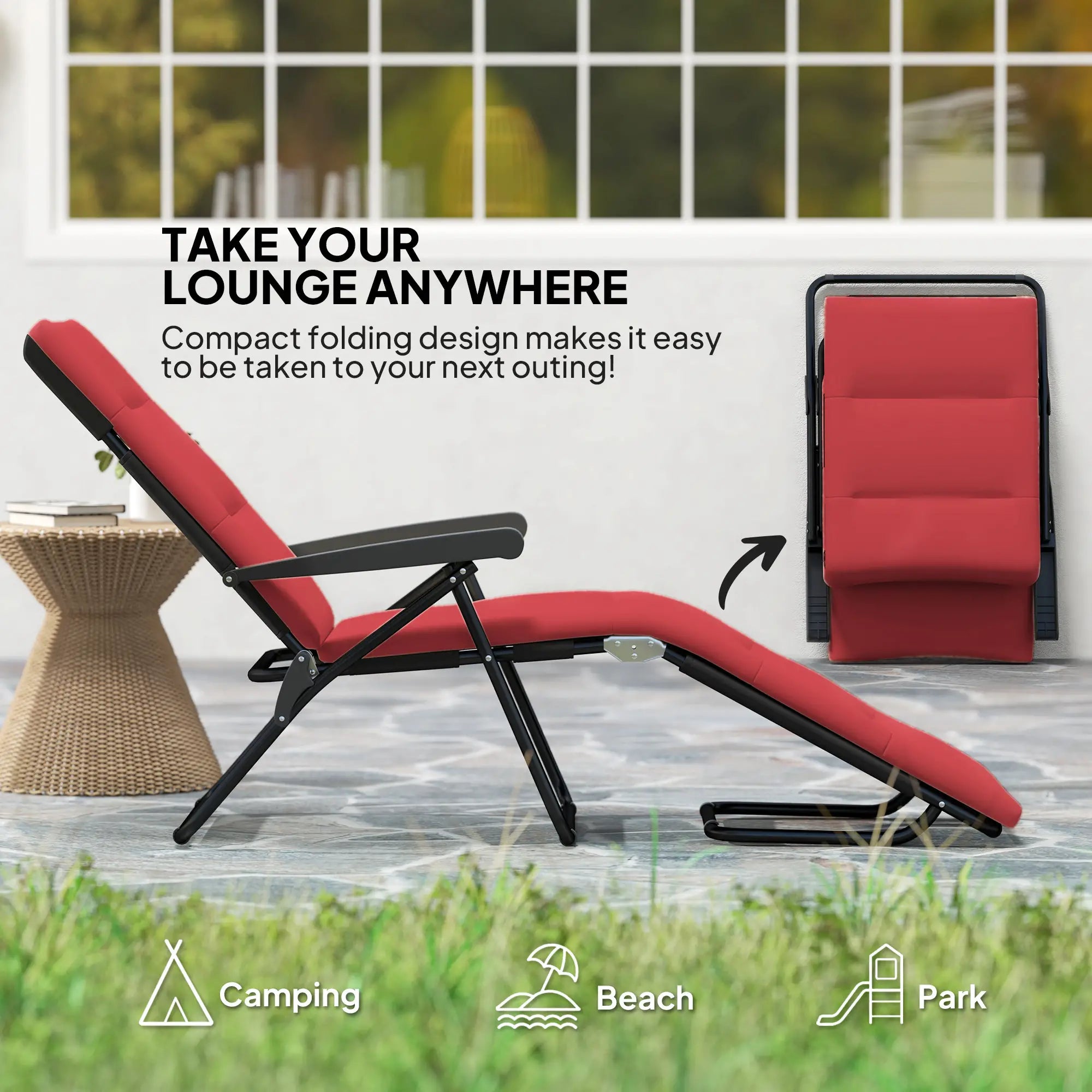 Foldable Reclining Patio Lounge Chair, 6-Position Adjustable, Wine Red Lounger Chairs at Gallery Canada