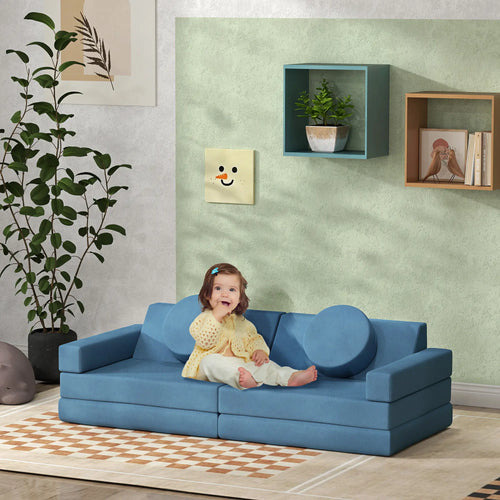 12-Piece Modular Kids Play Couch, Convertible Sofa, Blue