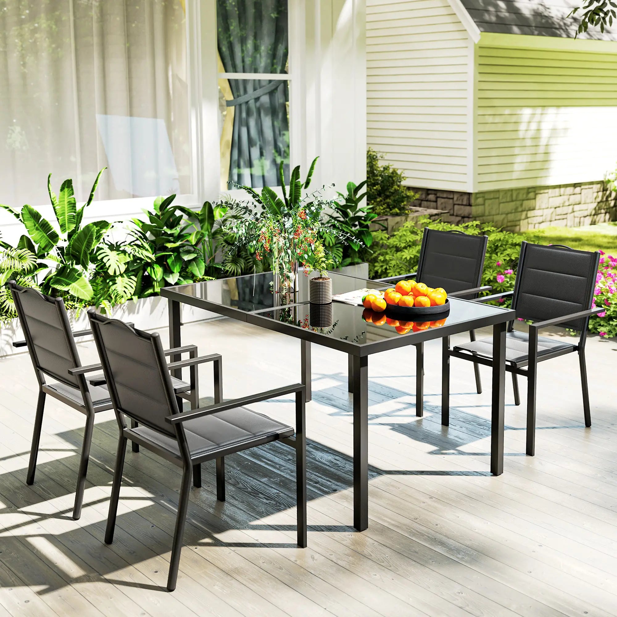 5 Piece Outdoor Dining Set, 4 Stackable Chairs, Rectangle Table, Tempered Glass Top, Steel Frame, Black Outdoor Dining Sets at Gallery Canada