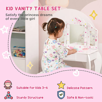 Kids Vanity Table and Stool, Makeup Set with Tri-Folding Mirrors, White Kids Bedroom Furniture at Gallery Canada