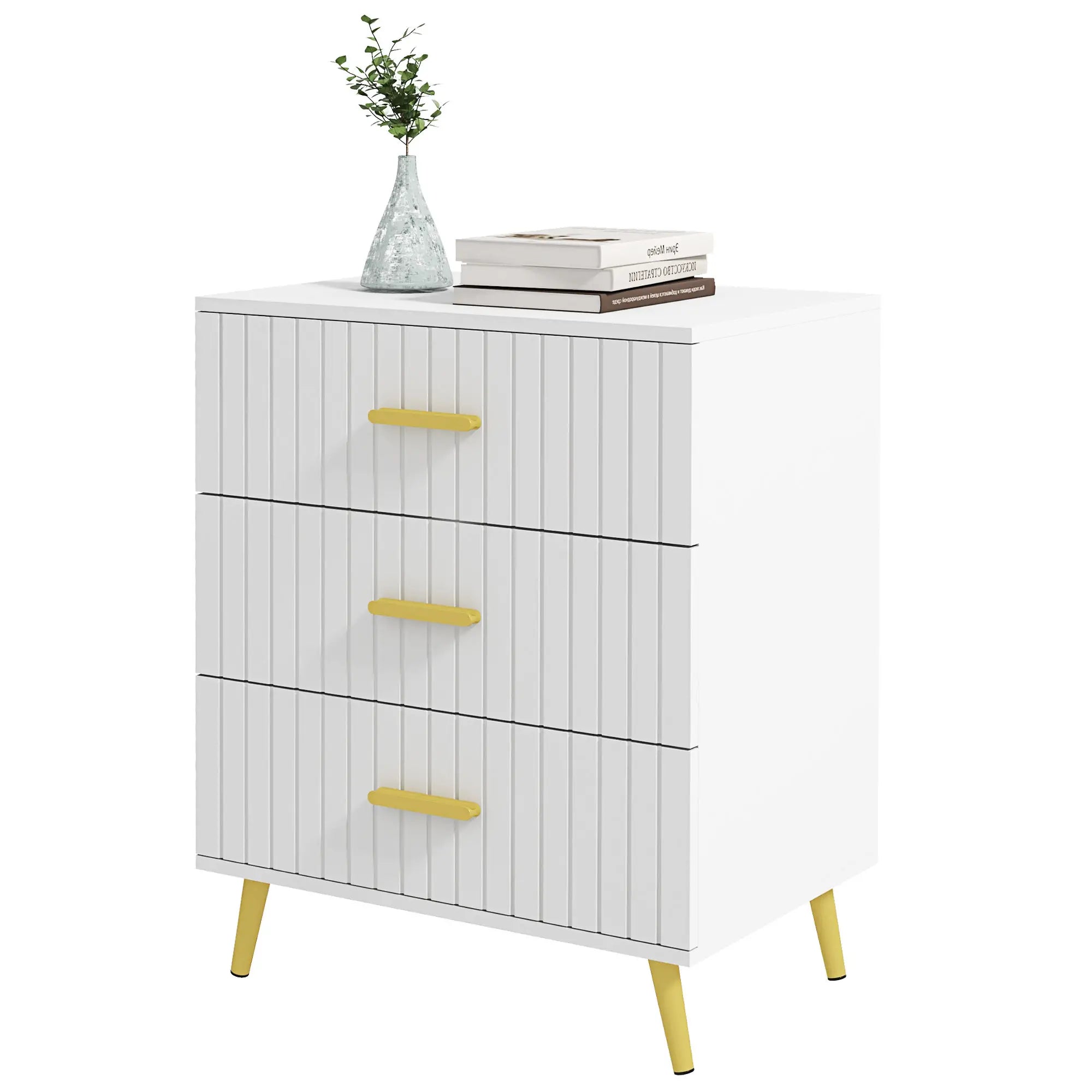 3 Drawer Cabinet, Bedroom Chest of Drawers, Aluminium Legs, Gold Handles, White Storage Cabinets White, Gold at Gallery Canada