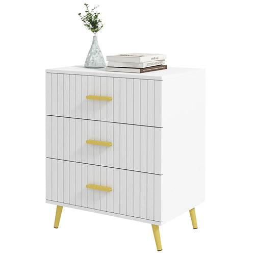 3 Drawer Cabinet, Bedroom Chest of Drawers, Aluminium Legs, Gold Handles, White