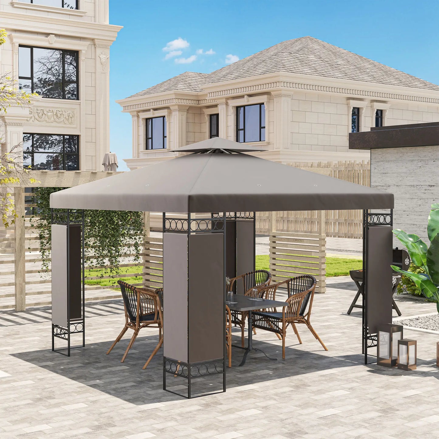 10 x 10 FT Canopy Gazebo, Double Roof, Screen Panels, Metal Frame, Khaki Gazebos at Gallery Canada