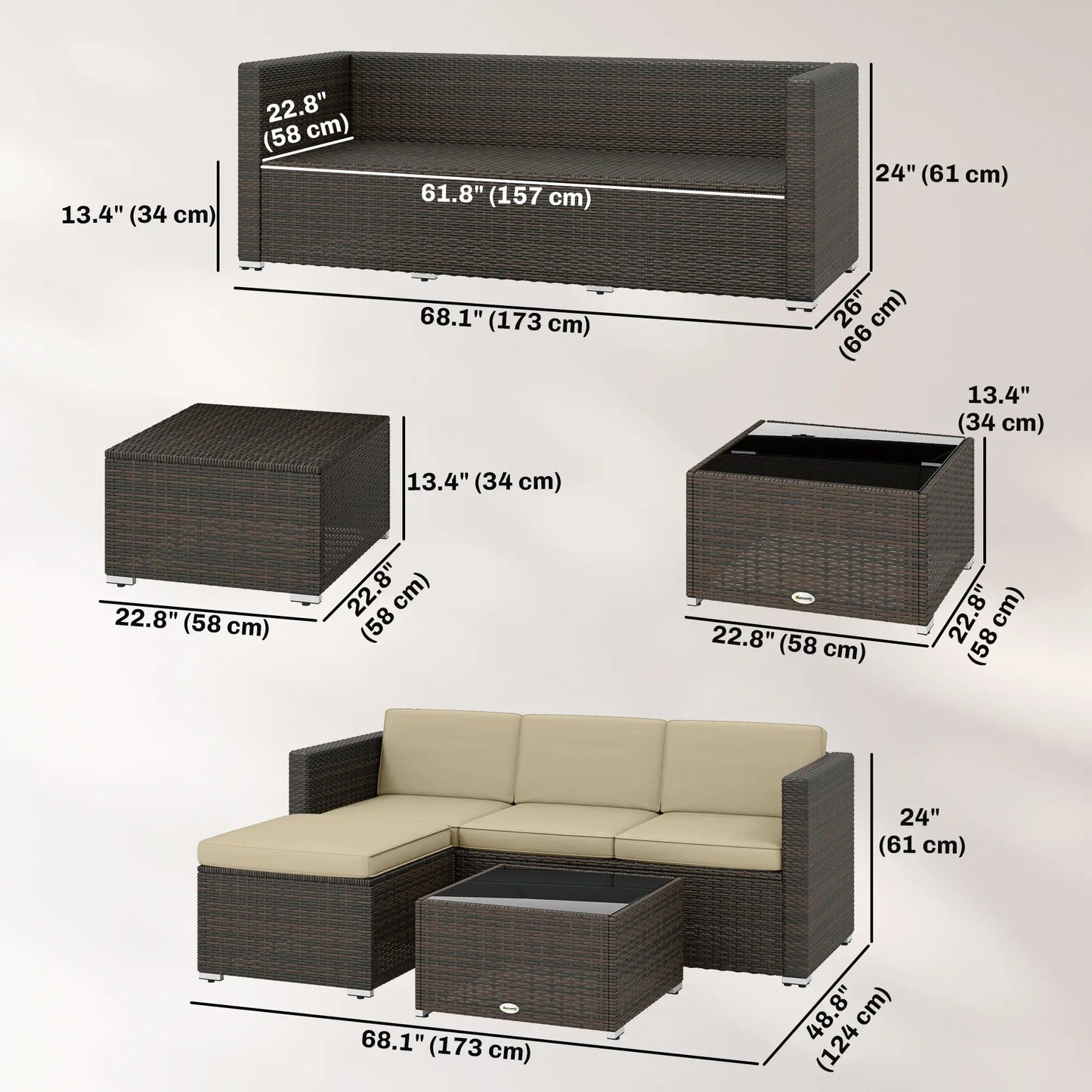 3-Piece Patio Furniture Set, Outdoor PE Rattan Sofa, Khaki Patio Furniture Sets at Gallery Canada
