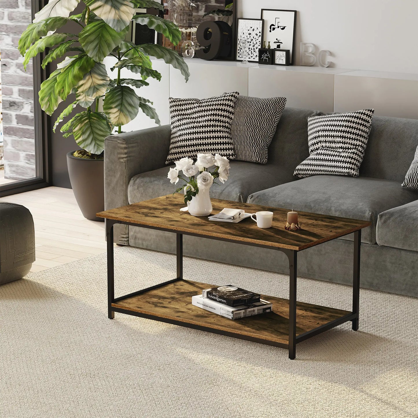 Industrial Coffee Table with Storage Shelf, 2-Tier, Rustic Brown Coffee Tables at Gallery Canada