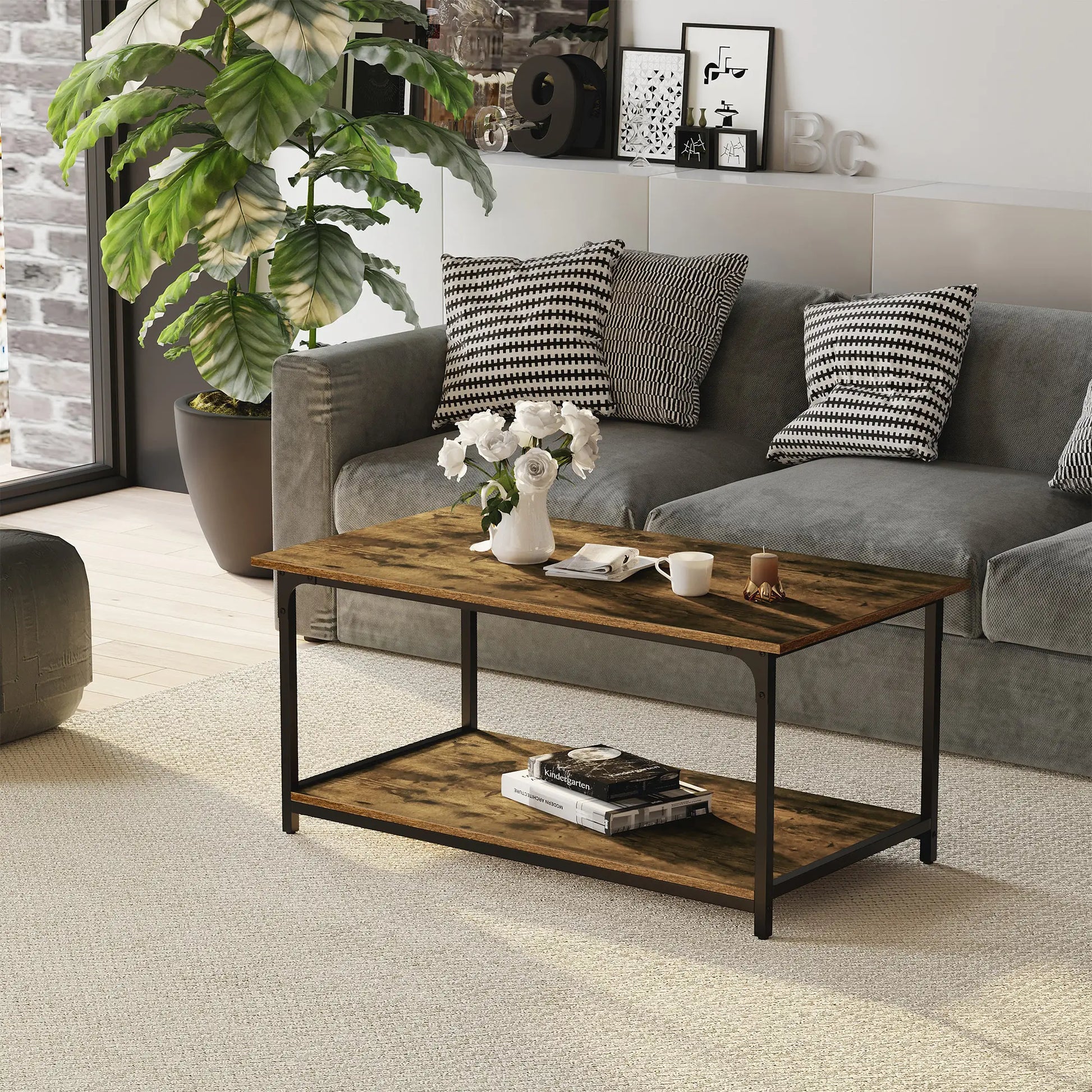 Industrial Coffee Table with Storage Shelf, 2-Tier, Rustic Brown Coffee Tables at Gallery Canada