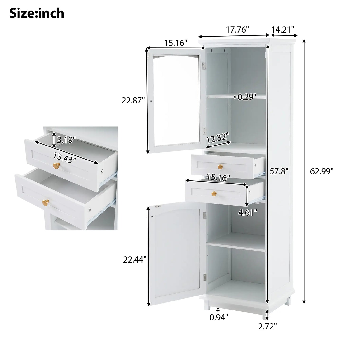 Bathroom Storage Cabinet, Glass Doors, Adjustable Shelves, 18" L x 14" W x 63" H, White Bathroom Cabinets at Gallery Canada