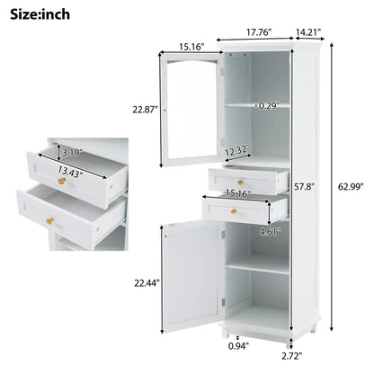 Bathroom Storage Cabinet, Glass Doors, Adjustable Shelves, 18" L x 14" W x 63" H, White Bathroom Cabinets at Gallery Canada