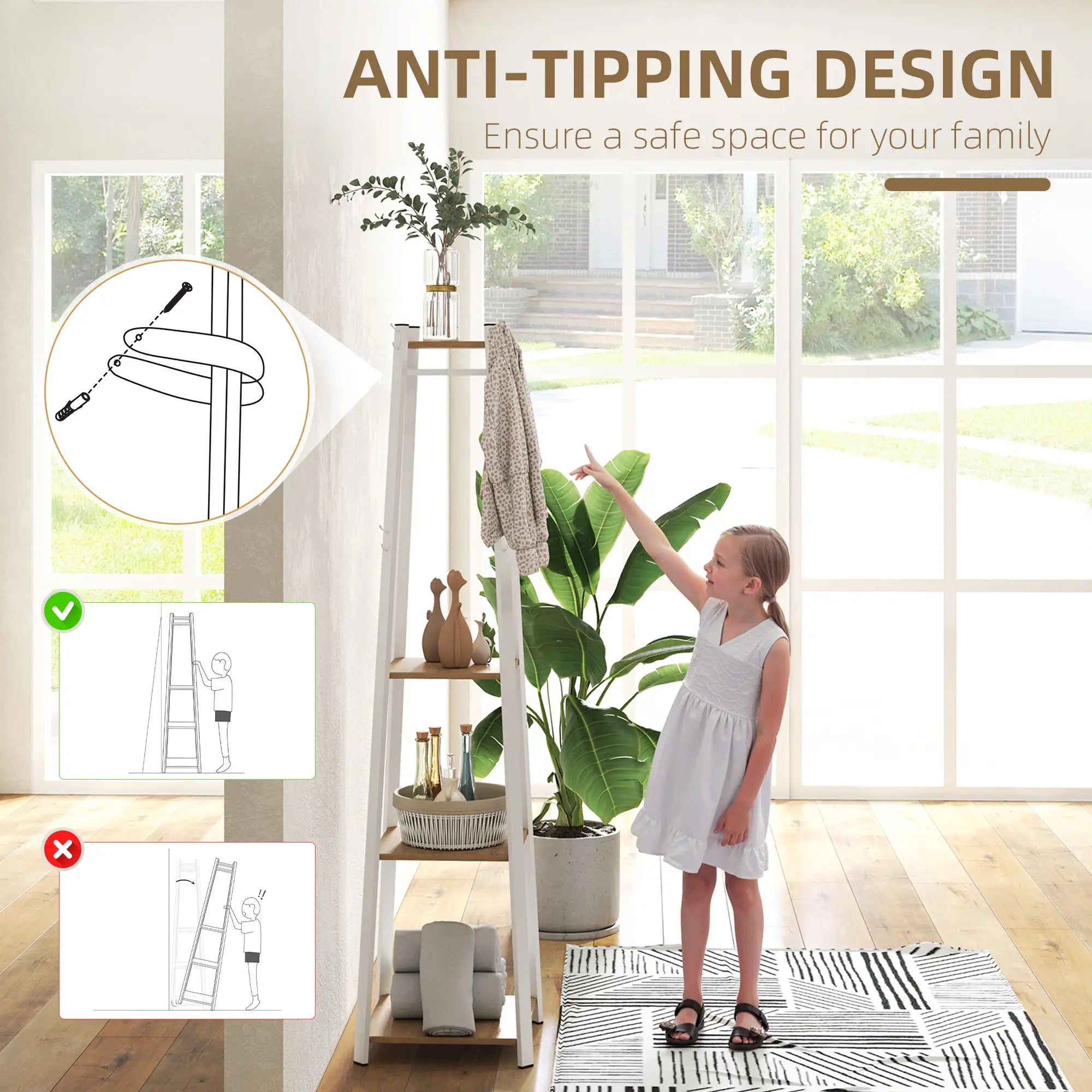 Clothes Rack with Storage, 8 Hooks, 3-Tier Shelf, Oak Clothing Storage at Gallery Canada