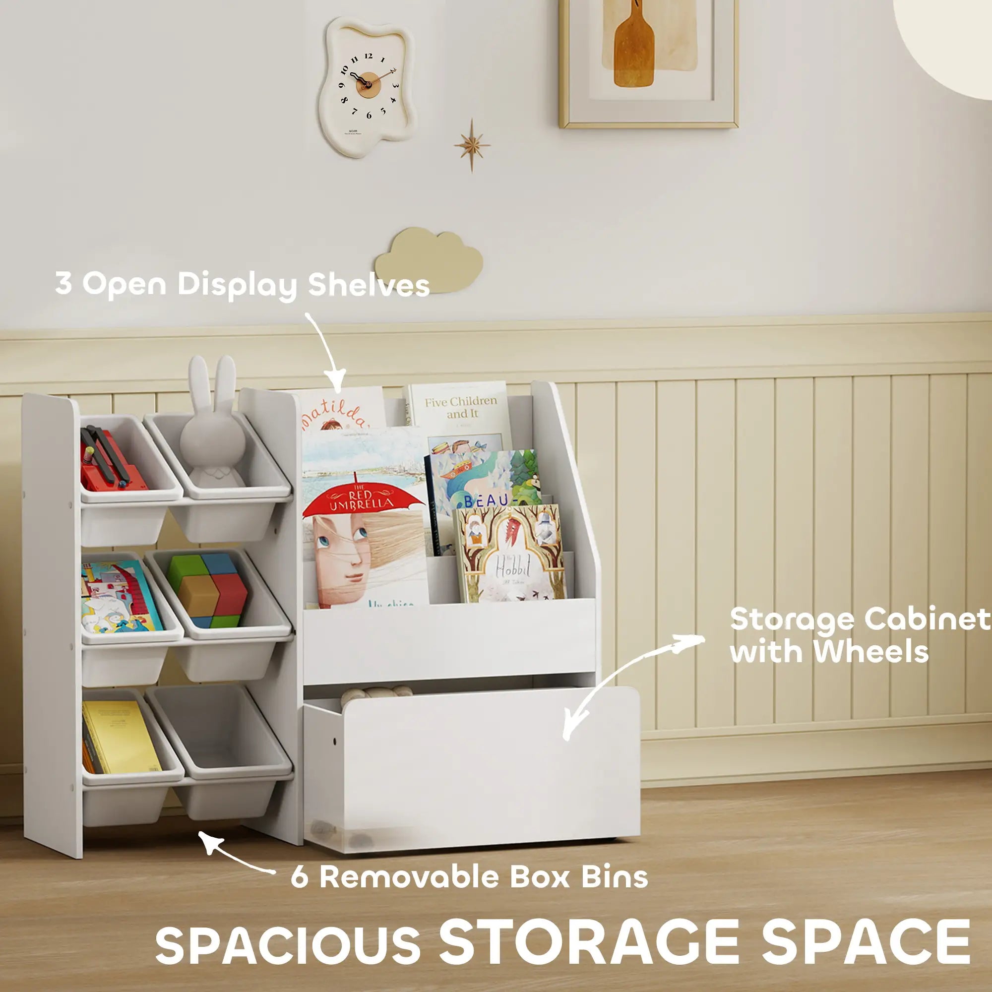 Kids Bookshelf Toy Storage, 3 Tier Bookcase 6 Removable Bins, White Baby & Kids Storage at Gallery Canada