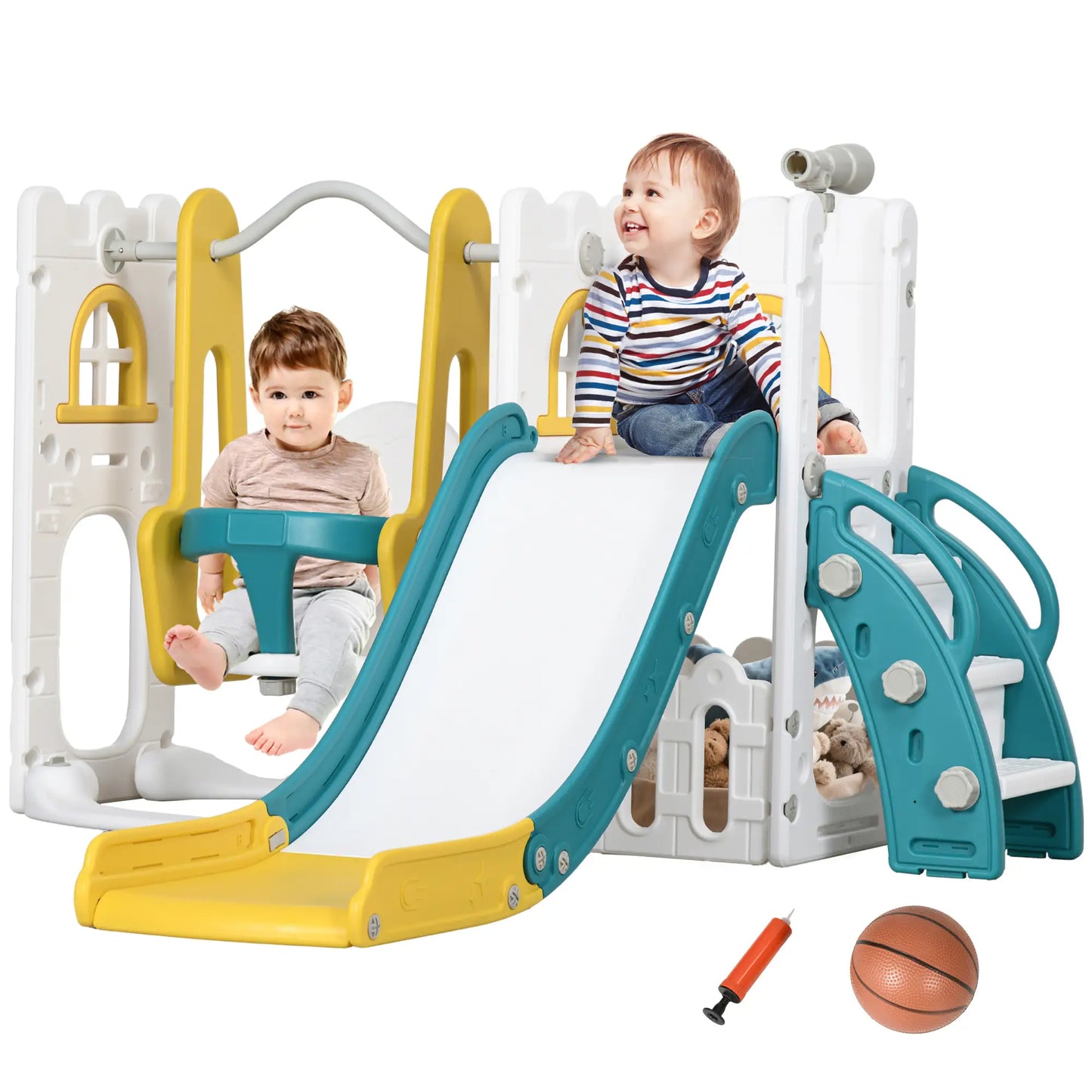 6-in-1 Baby Swing Playset, Indoor with Basketball Hoop, Climber, Yellow Gym Sets & Swings at Gallery Canada