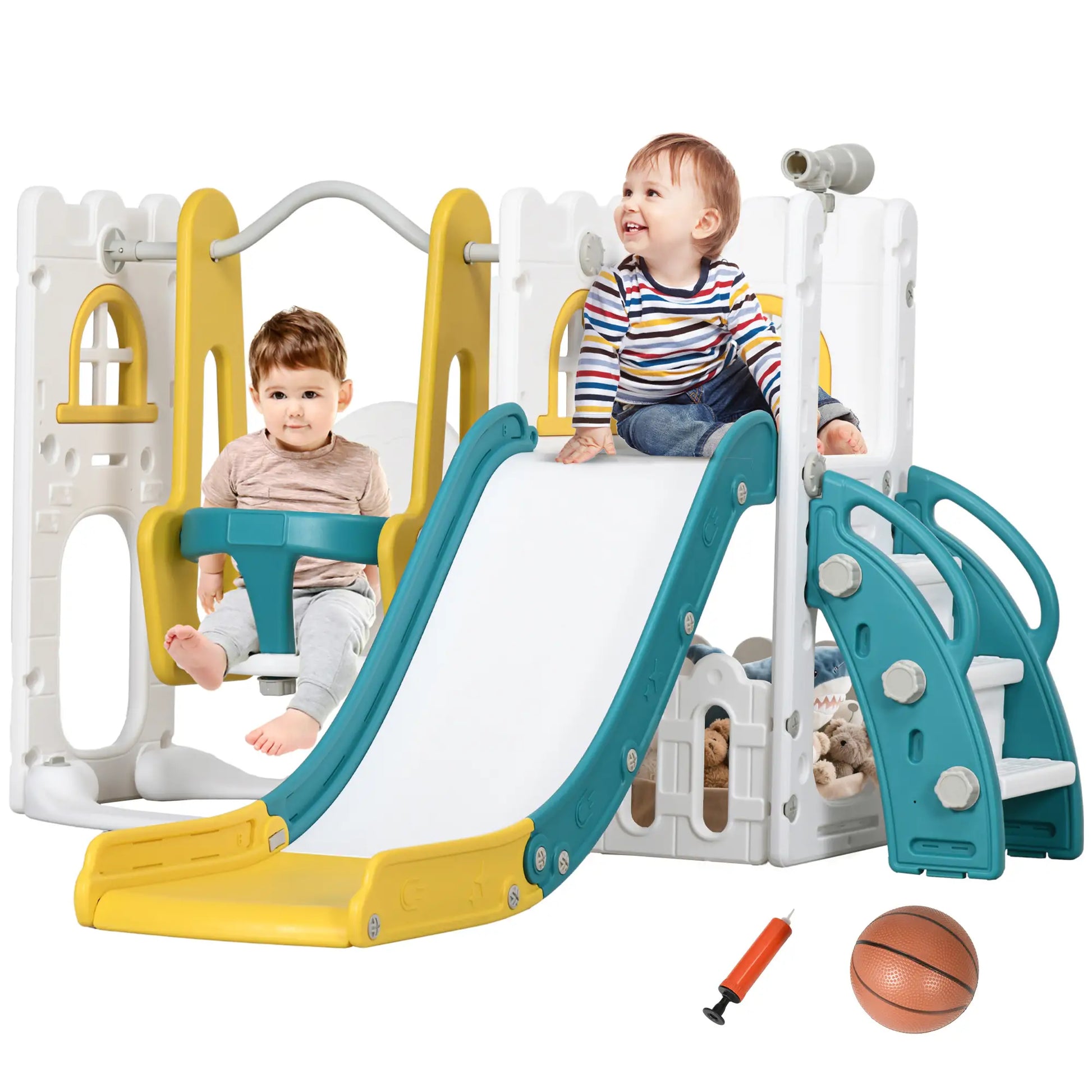 6-in-1 Baby Swing Playset, Indoor with Basketball Hoop, Climber, Yellow Gym Sets & Swings at Gallery Canada