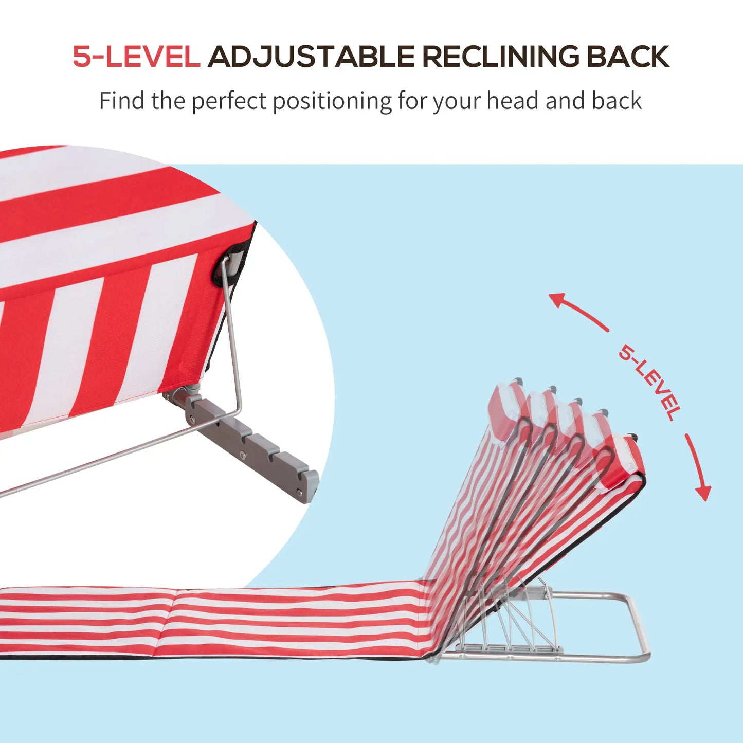 Beach Lounge Chair Set, Folding Mat w/ Adjustable Back, Steel Frame, Head Pillow, Carry Bag, Red and White Beach Accessories at Gallery Canada