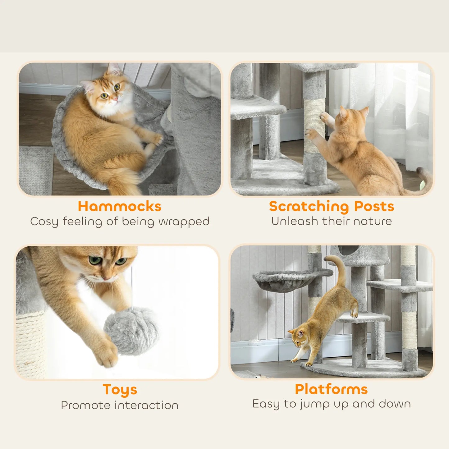 62" Cat Tree With Scratching Post, 2 Condos, Hammock, Light Grey