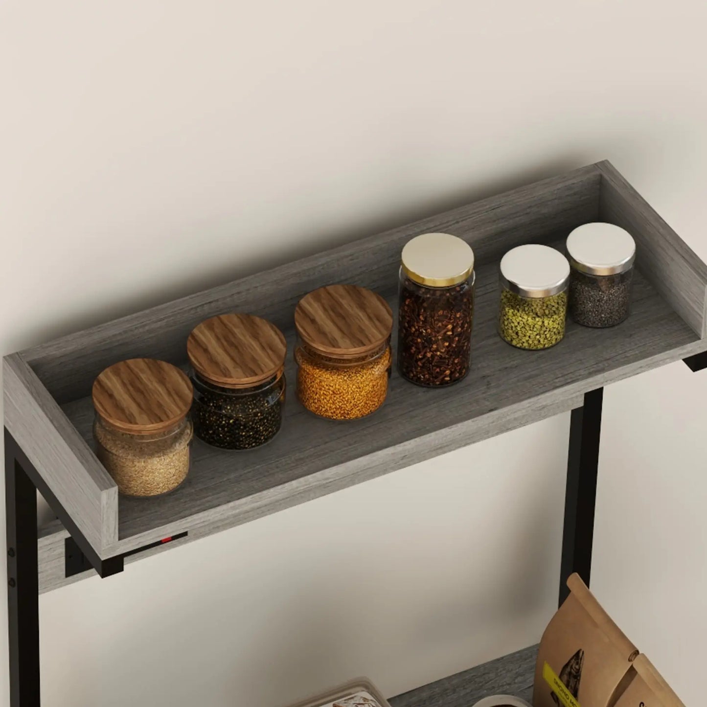 Kitchen Baker's Rack with Power Outlet, Adjustable Shelves, Distressed Grey, Grey Bar Cabinets at Gallery Canada