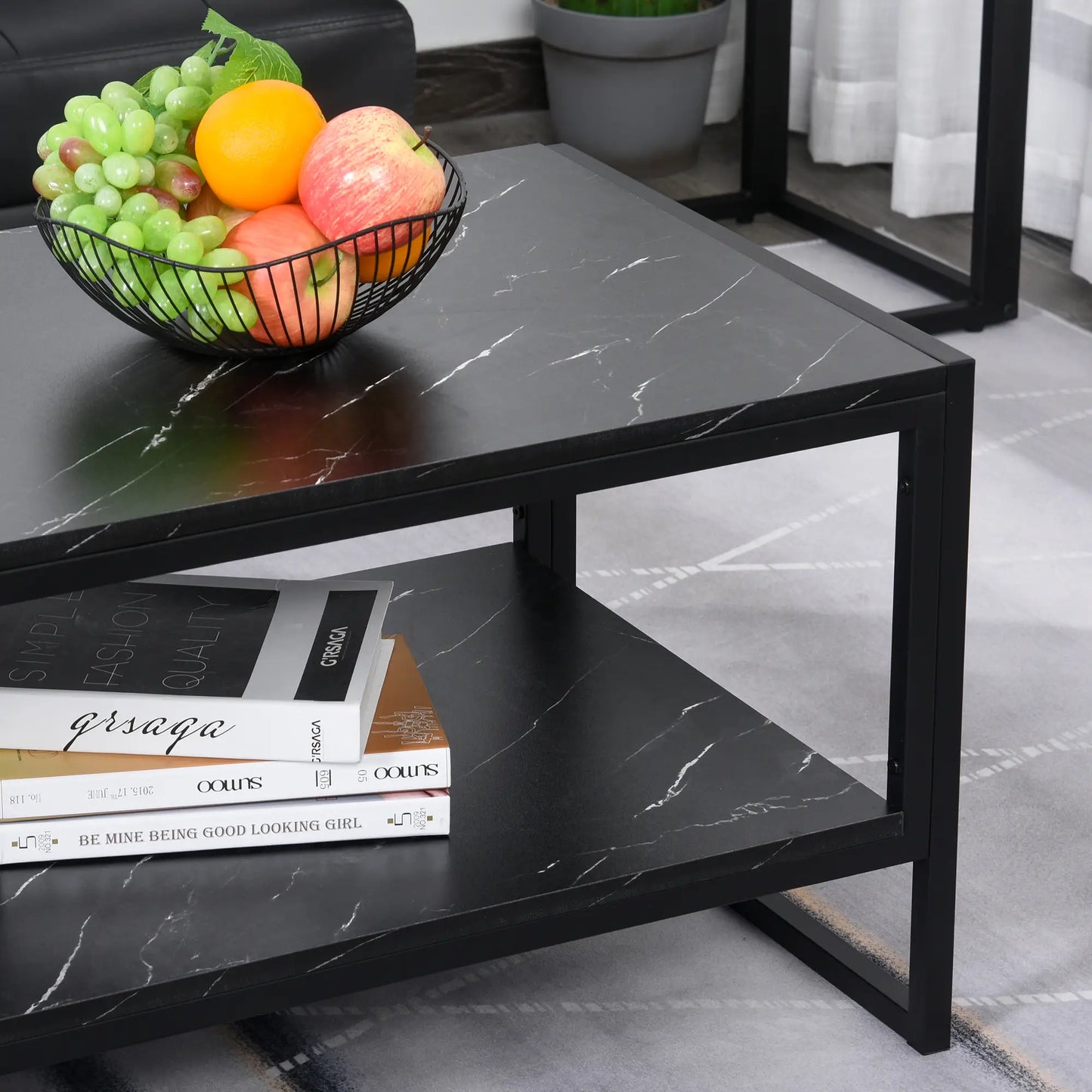2-Tier Coffee Table with Storage, Marble Textured Top, Black Coffee Tables at Gallery Canada