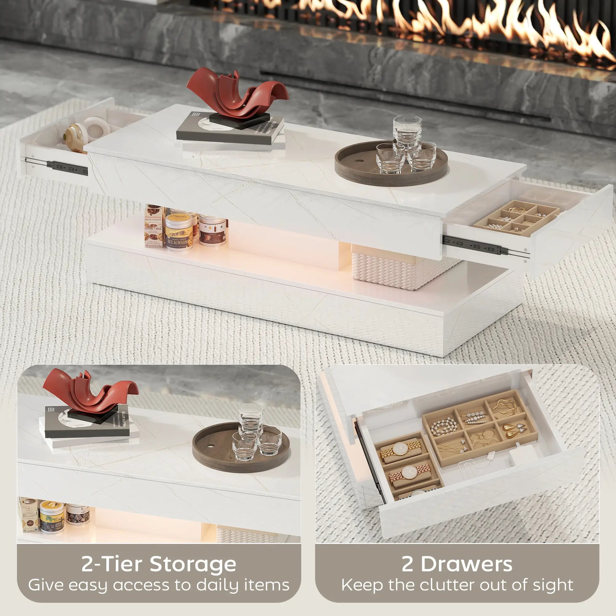 Adjustable LED Coffee Table, 2 Drawers, Open Shelf, Remote, White Coffee Tables at Gallery Canada