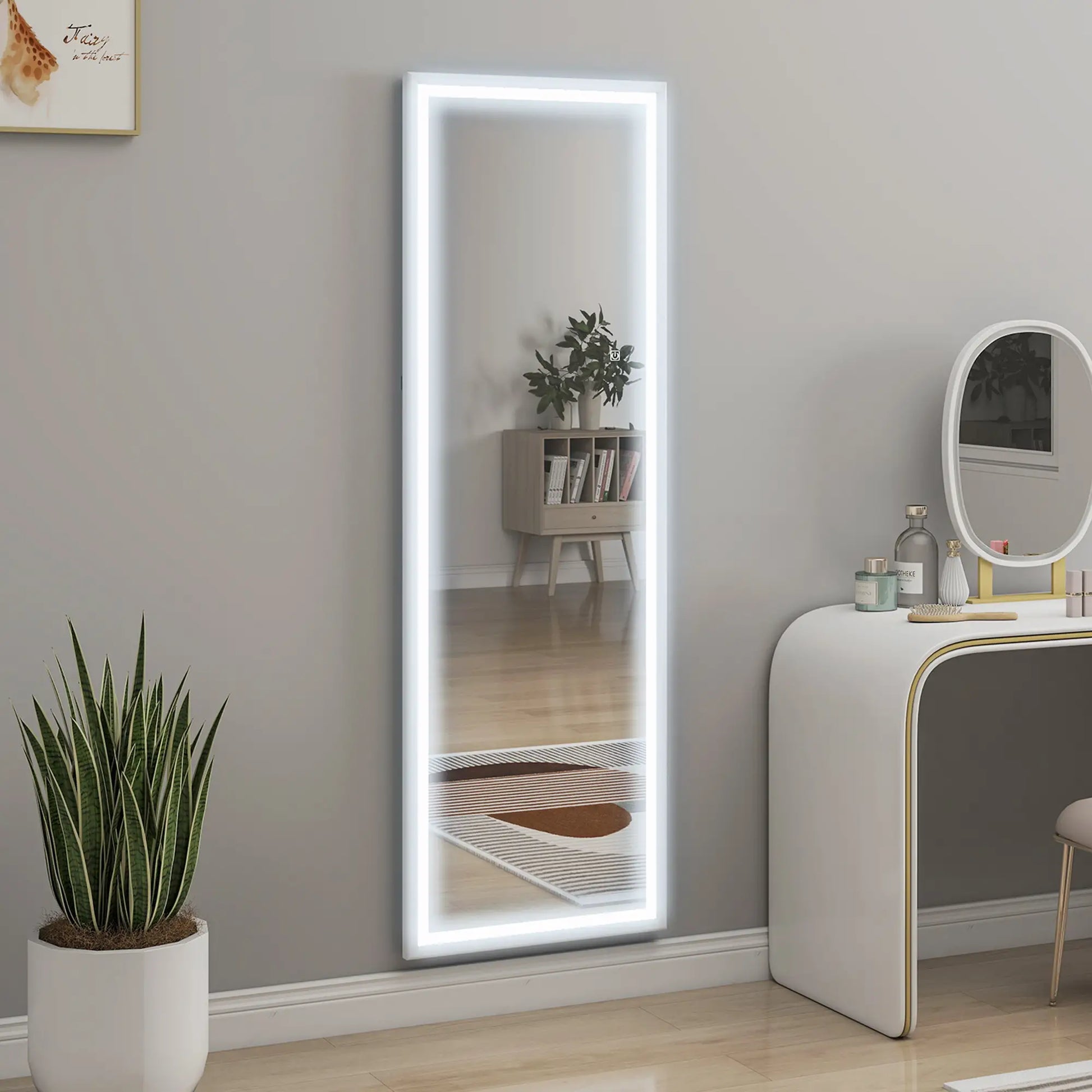 LED Mirror, Dimmable 3 Color Lights, 64" x 21" Rectangular, White Full Length Mirrors at Gallery Canada