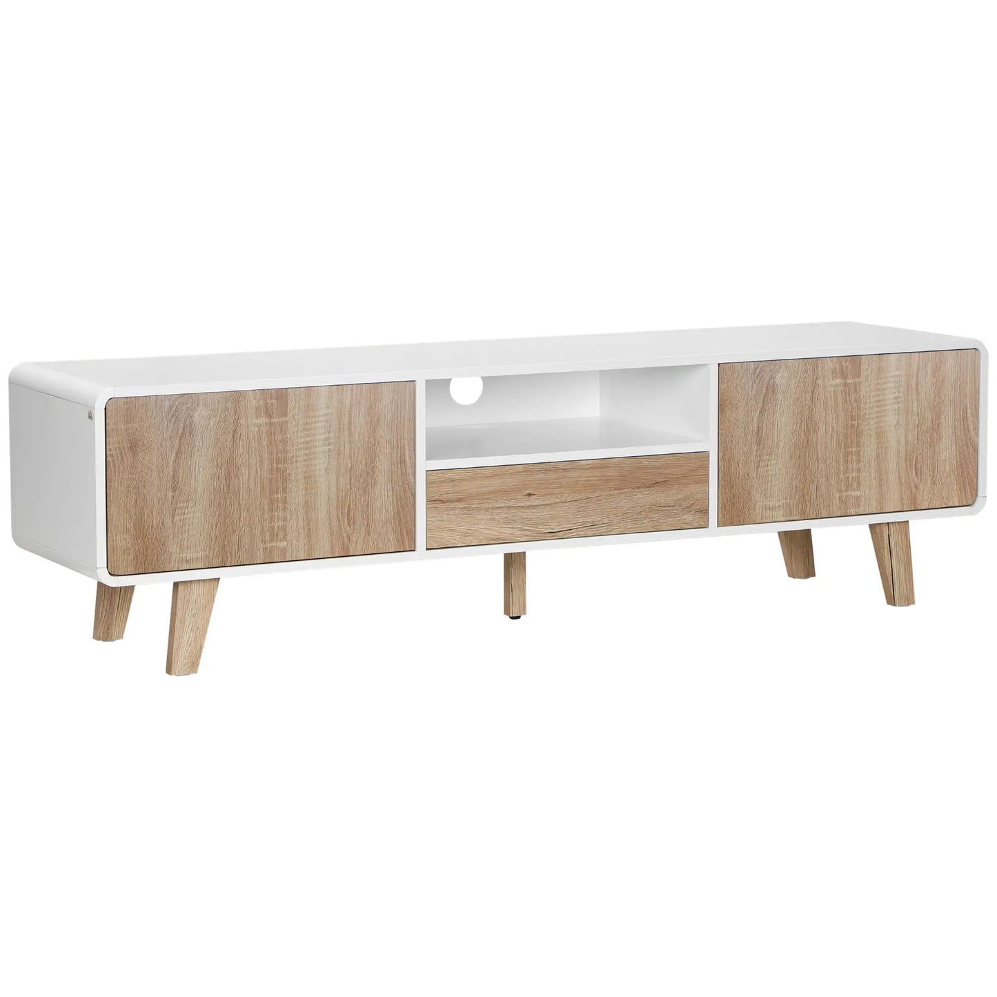 Modern TV Stand for 72" TVs, Push-Open Drawer, Storage, Cable Management TV Stands White, Nature Wood at Gallery Canada