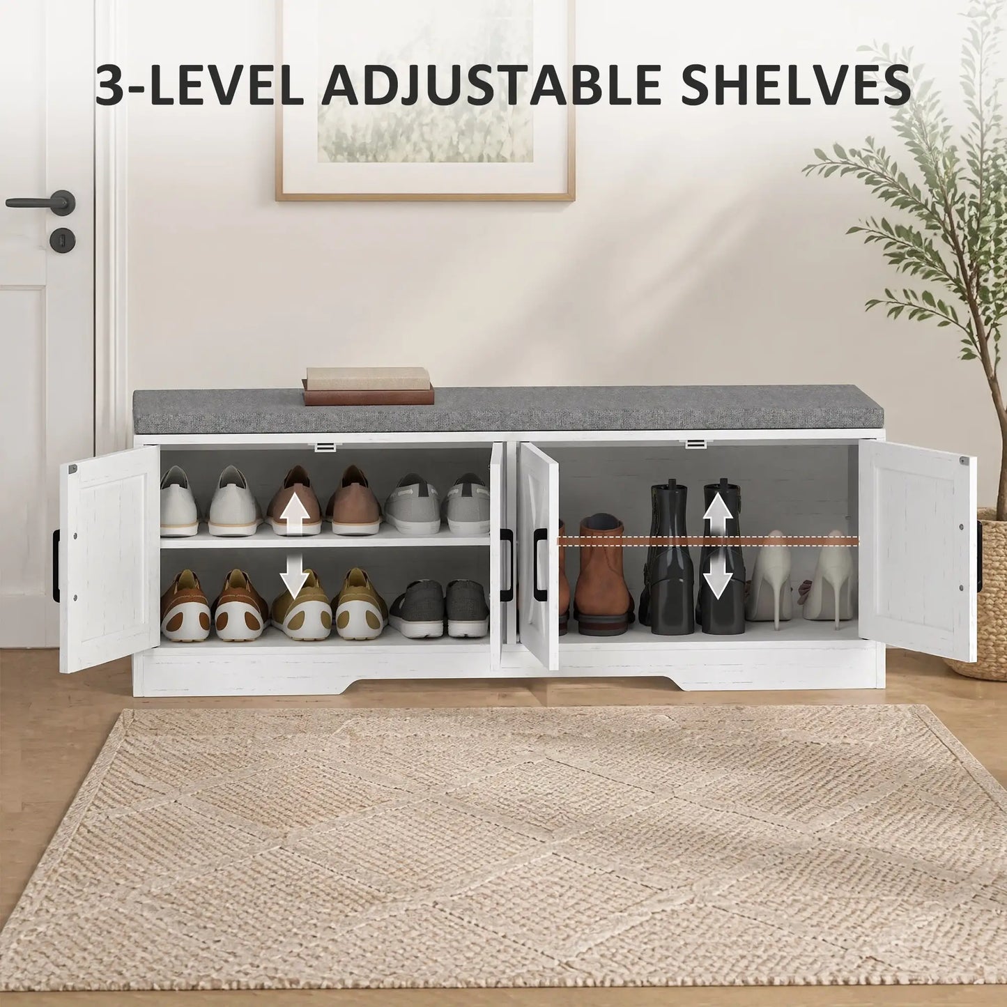 Shoe Bench With Cushion, Adjustable Shelves, White