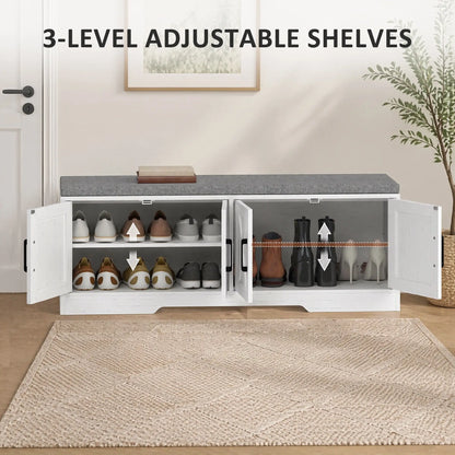Shoe Bench With Cushion, Adjustable Shelves, White