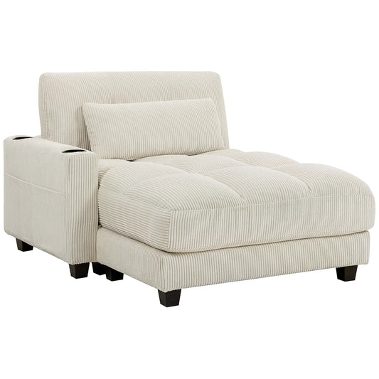 58" Corduroy Chaise Lounge Sofa Bed With Cup Holders, Cream White Sofas & Reclining Chairs Cream at Gallery Canada