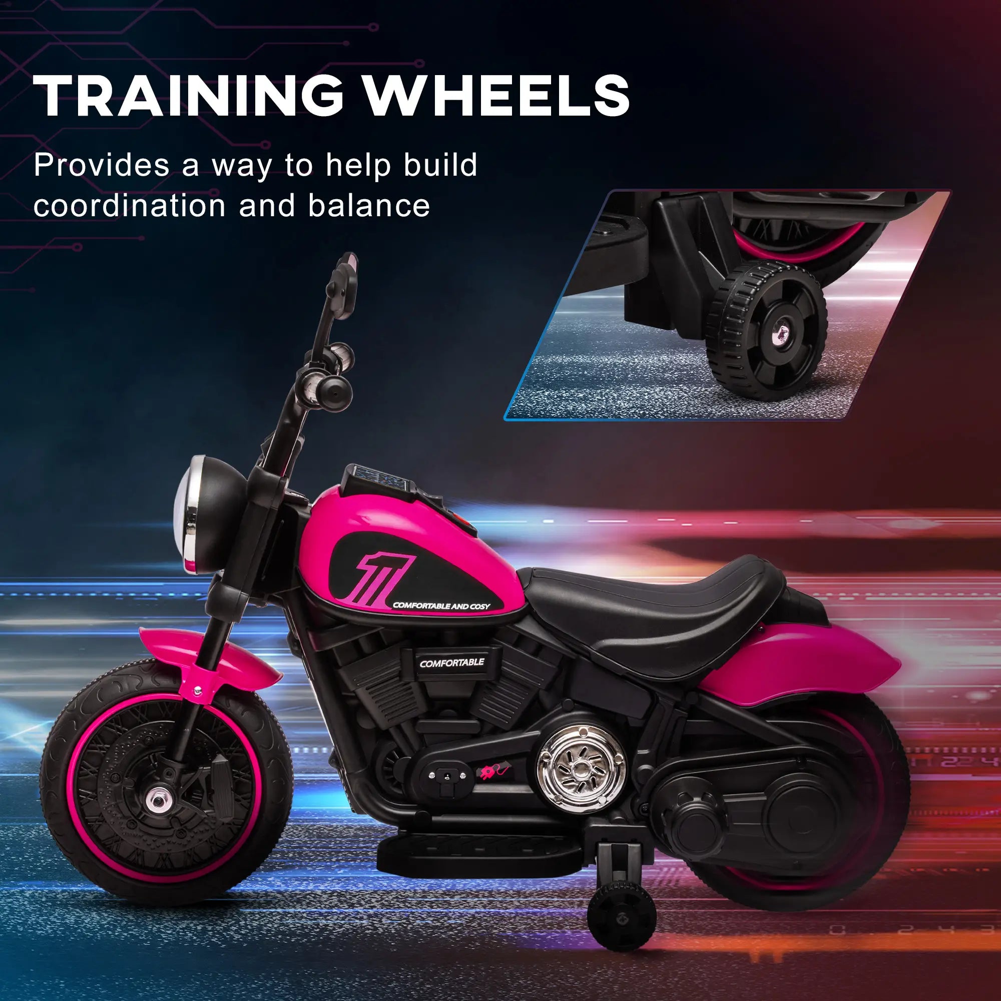 6V Kids Motorcycle with Training Wheels, Pink Electric Motorcycles at Gallery Canada