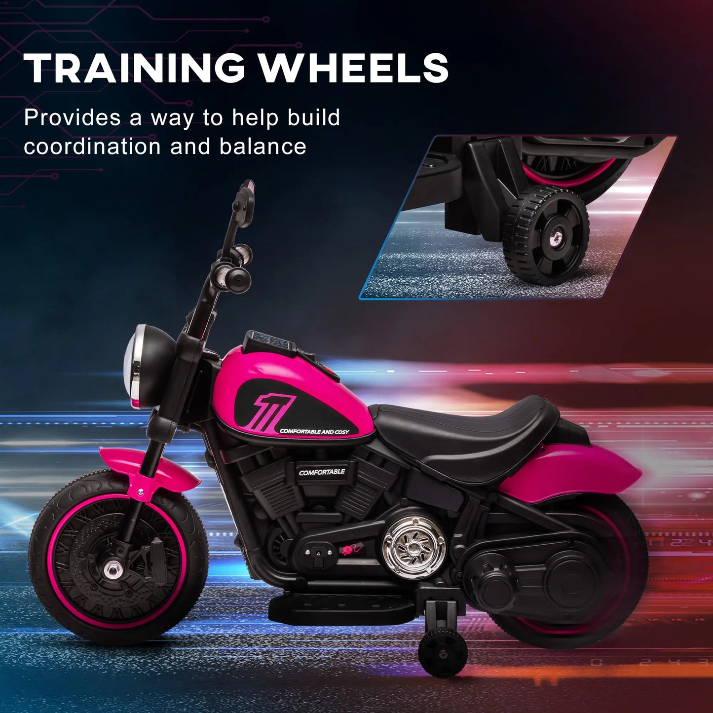 6V Kids Motorcycle with Training Wheels, Pink Electric Motorcycles at Gallery Canada
