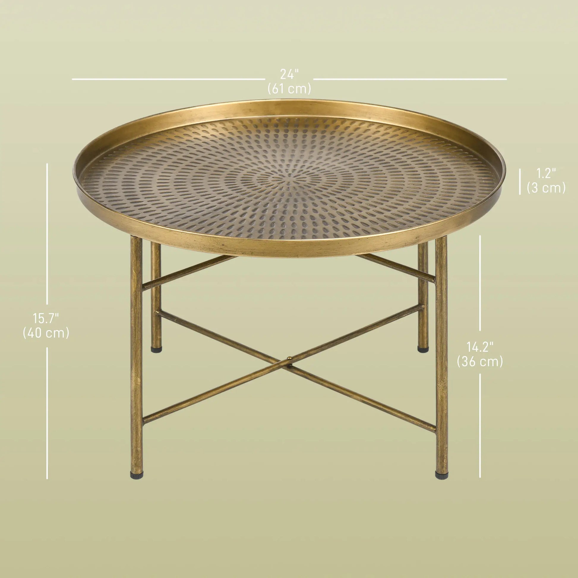 Vintage Coffee Table for Living Room, 24" Round Center Table with Hammered Tray Top and Metal Frame, Gold Coffee Tables at Gallery Canada