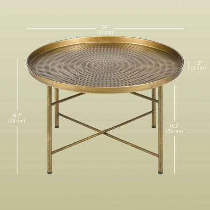Vintage Coffee Table for Living Room, 24" Round Center Table with Hammered Tray Top and Metal Frame, Gold Coffee Tables at Gallery Canada
