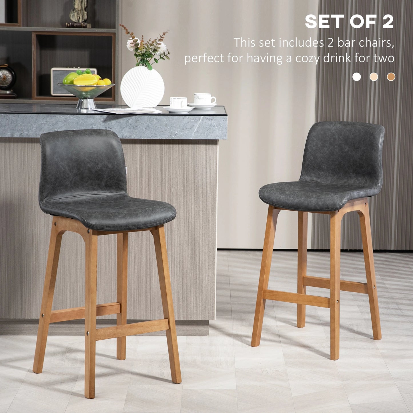 Modern Bar Stools Set of 2, Counter Height, PU Leather, Wooden Frame, Grey Bar Stools at Gallery Canada