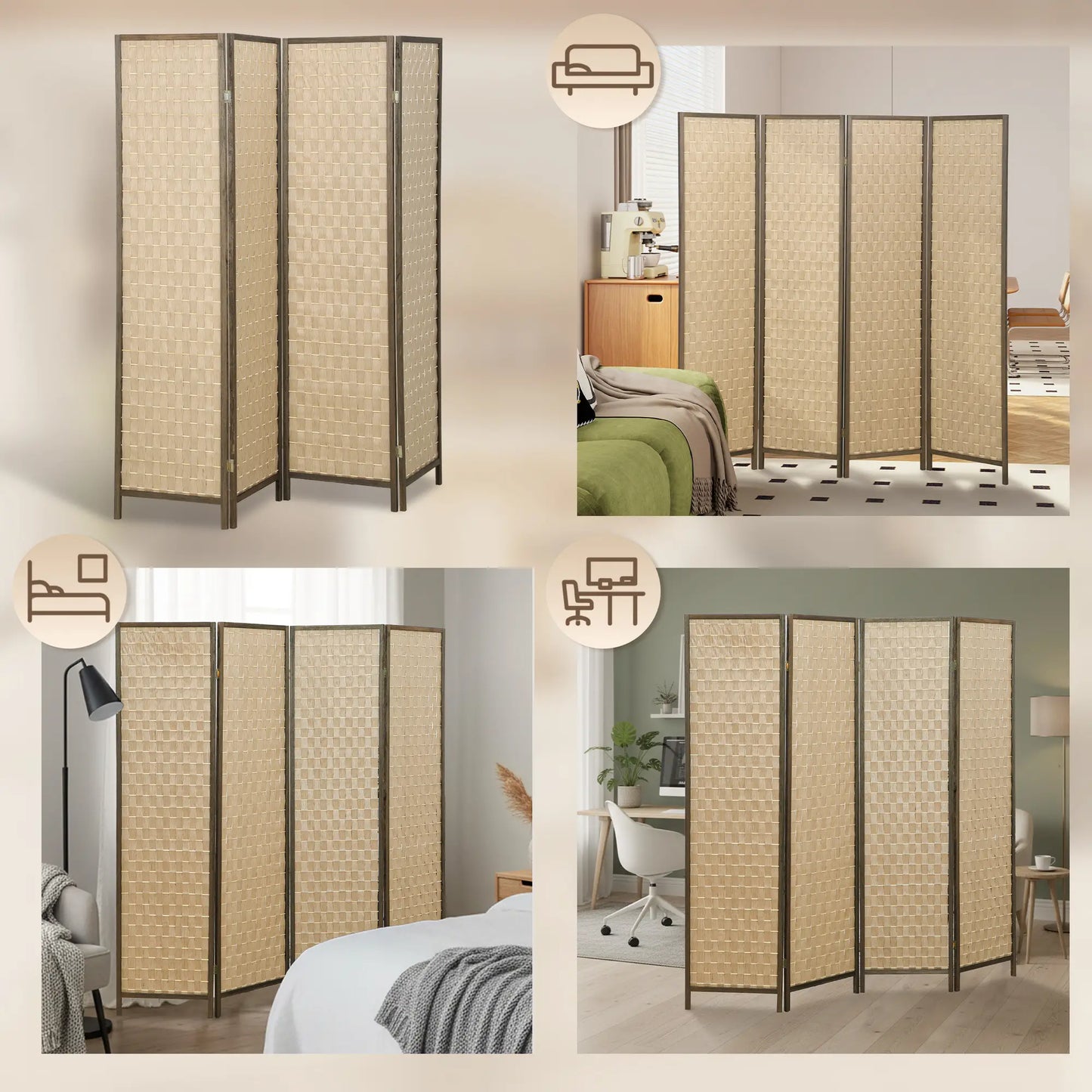 6 FT 4 Panel Folding Privacy Screen, Brown Room Divider, Brown