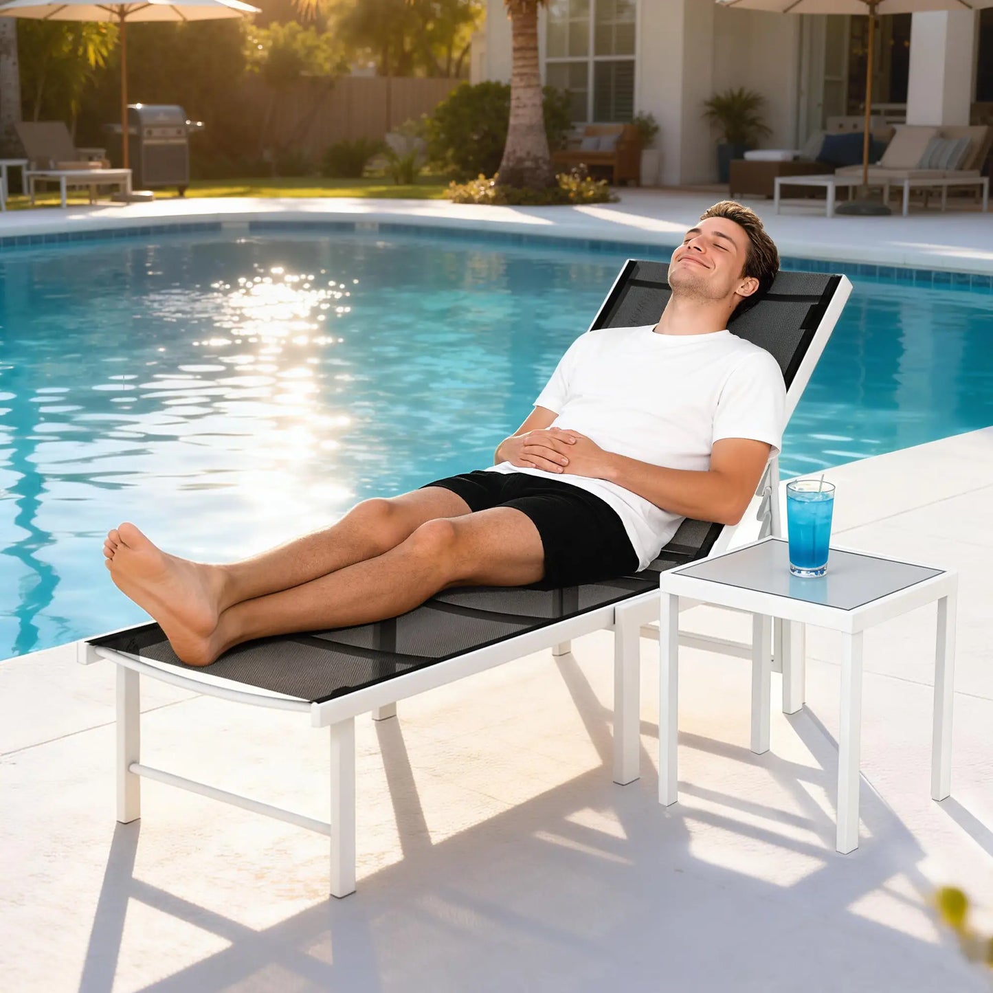 5-Position Reclining Outdoor Chaise Lounge, Mesh Seat, Black Lounger Chairs at Gallery Canada
