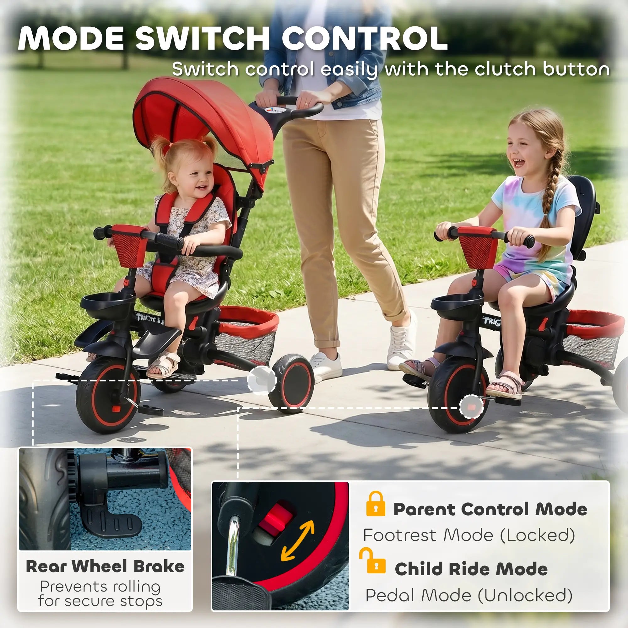 6-in-1 Toddler Tricycle, Foldable, Adjustable Seat, Push Handle, Red Tricycles for Kids at Gallery Canada