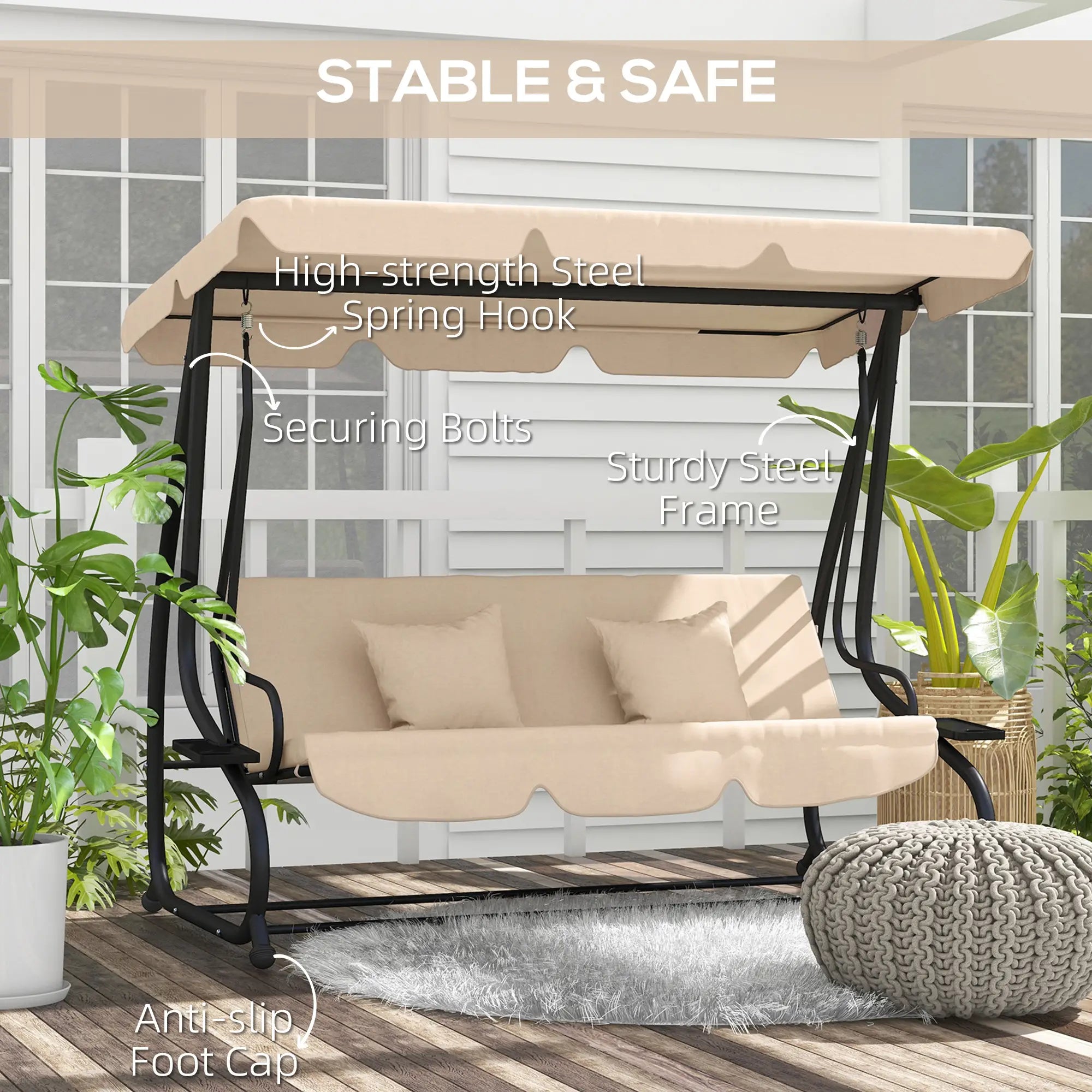 3-Seat Outdoor Swing Chair, Adjustable Canopy, Removable Cushions, Light Brown Porch Swings with Canopy at Gallery Canada
