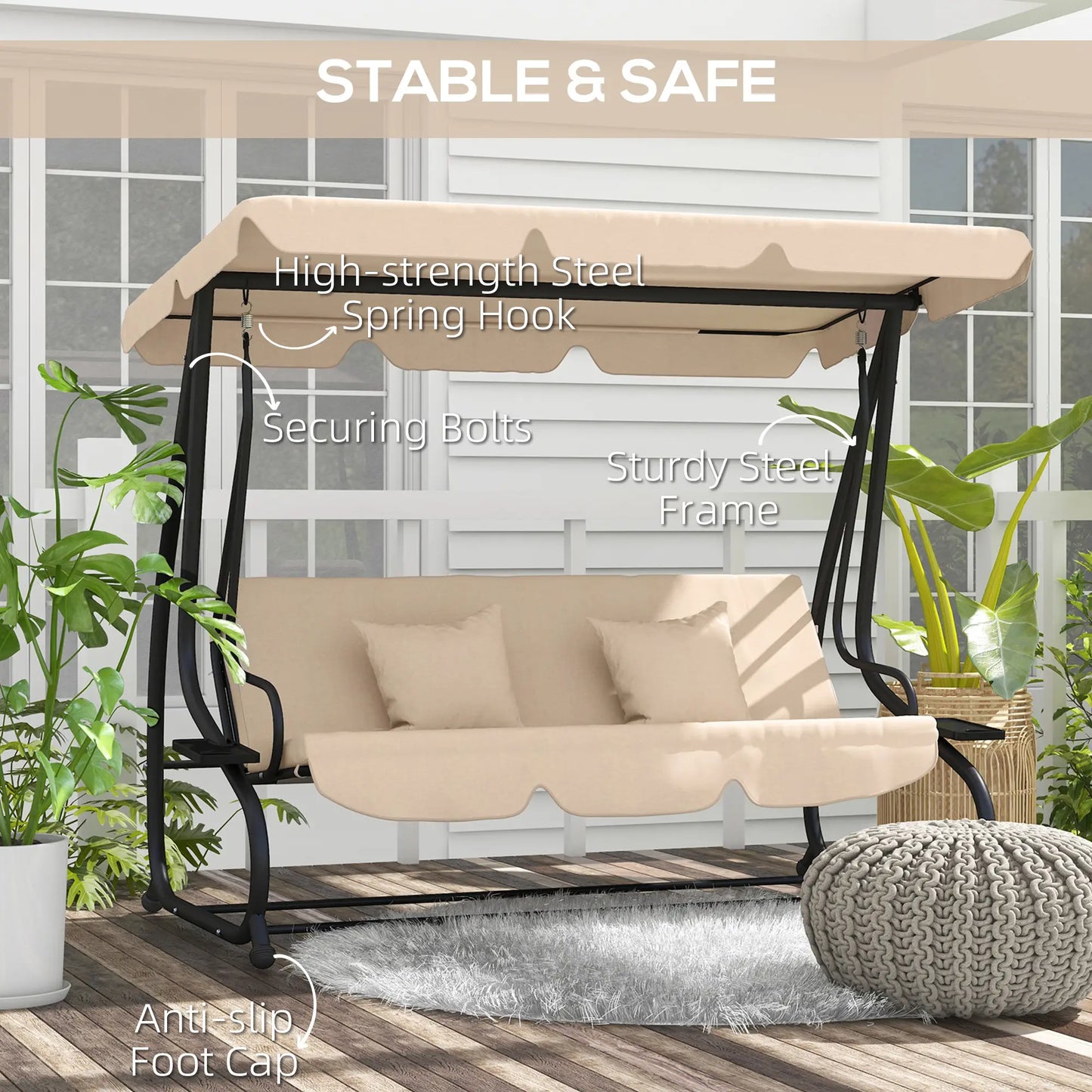 3-Seat Outdoor Swing Chair, Adjustable Canopy, Removable Cushions, Light Brown Porch Swings with Canopy at Gallery Canada