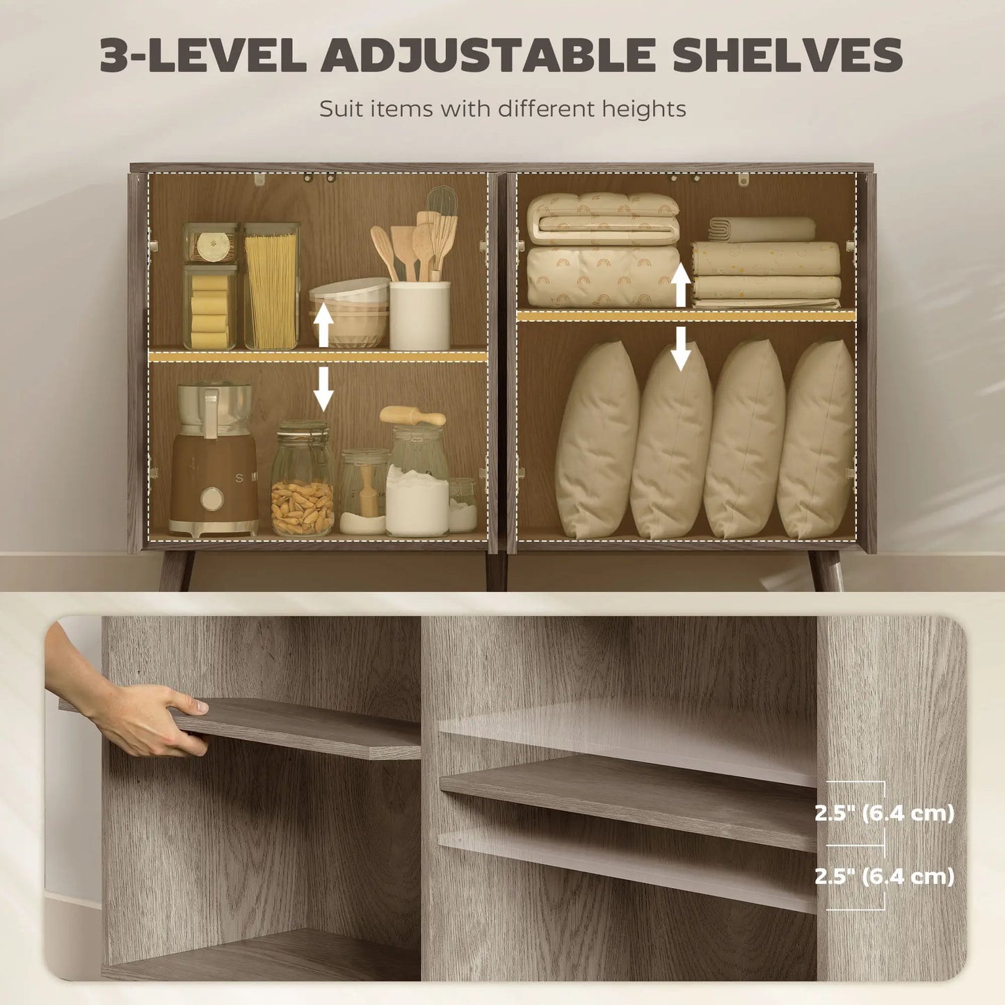 Fluted Sideboard with Adjustable Shelves, Light Grey Bar Cabinets at Gallery Canada