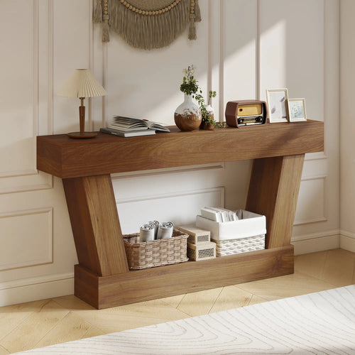 63 Inch Vintage Console Table, Open Shelf, Dark Brown