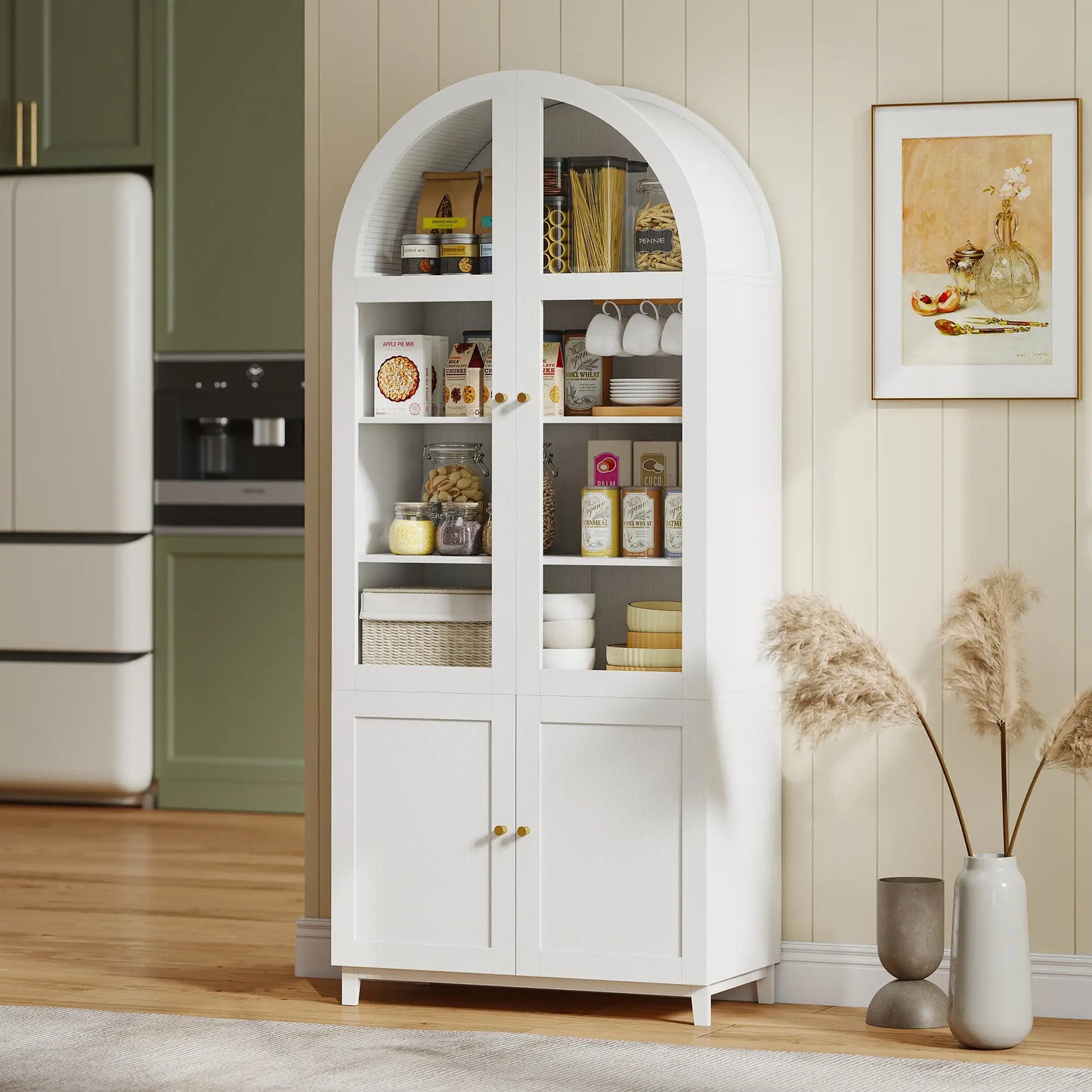 Armoire de garde-manger à arche, 71" de haut, portes en verre acrylique, blanc