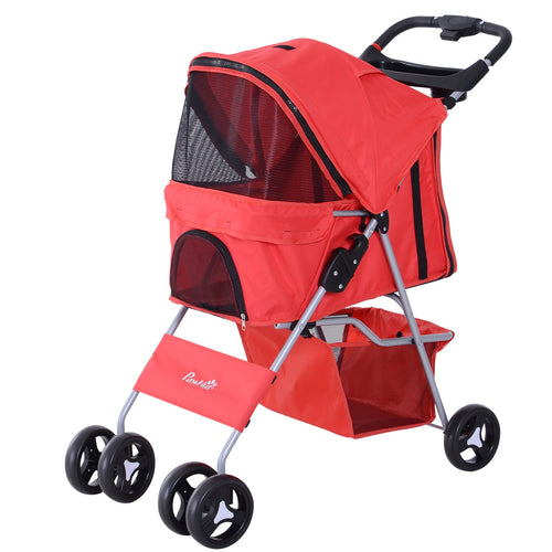 Pet Stroller Foldable Carrier for Cat, Dog and More 4 Wheels Travel Jogger with Cup Holder, Storage Basket, 360 ° swiveling front wheels, Easy Fold, Red