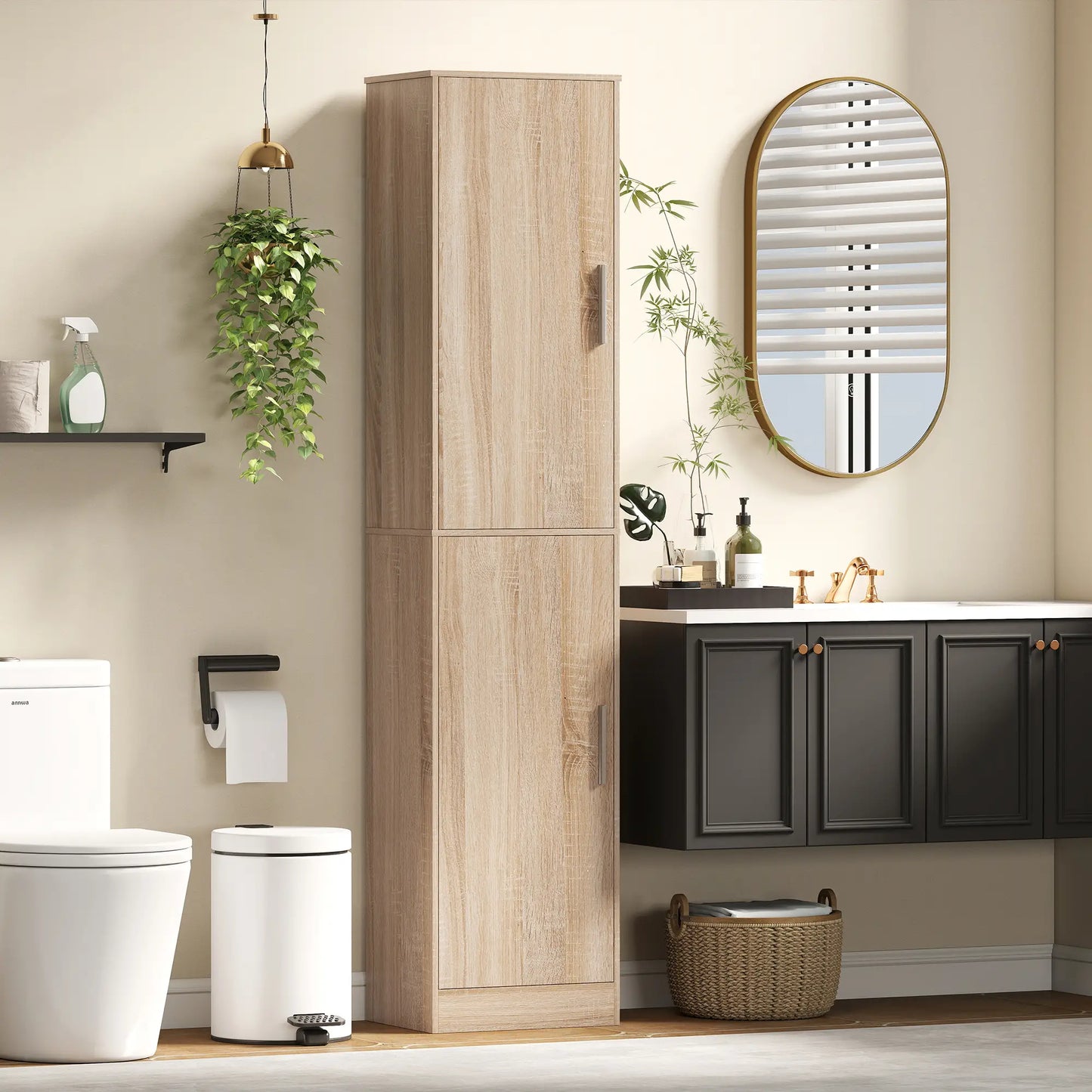 Tall Bathroom Cabinet, Slim 6-Tier Bathroom Floor Cabinet with 2 Doors and 4 Adjustable Shelves, Natural Wood