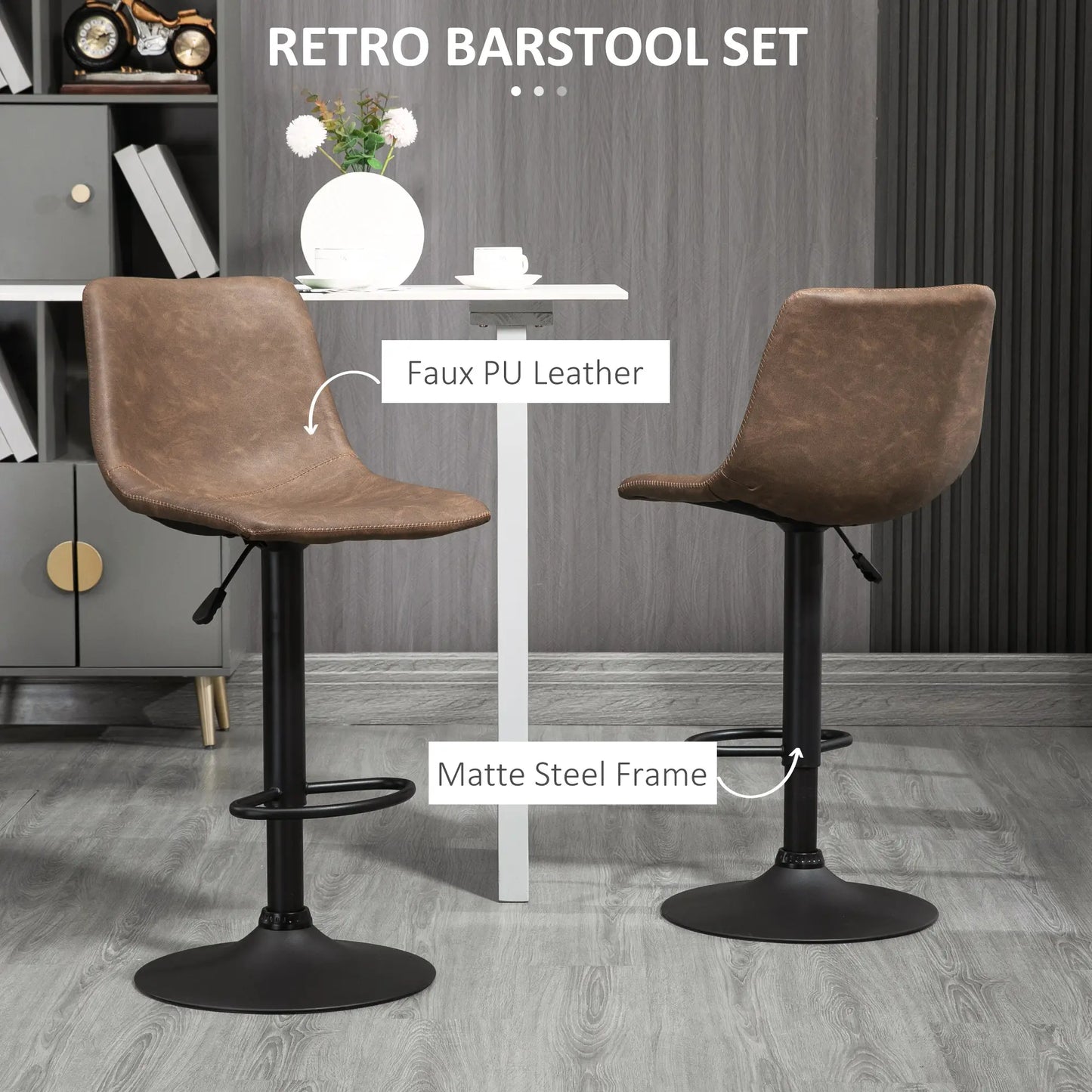 Adjustable Counter Height Bar Stools, Set of 2, 360° Swivel, Vintage Leather, Brown Bar Stools at Gallery Canada