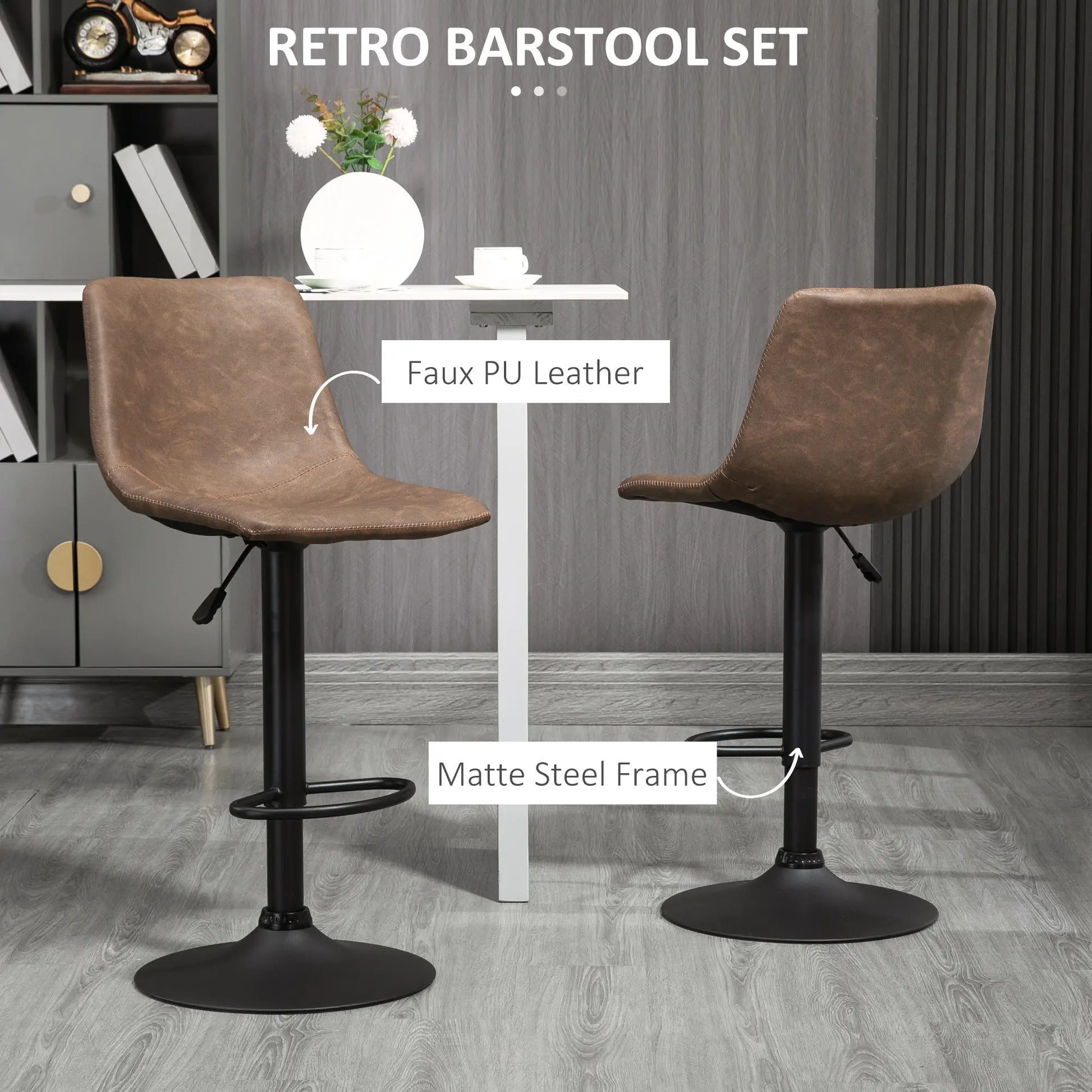 Adjustable Counter Height Bar Stools, Set of 2, 360° Swivel, Vintage Leather, Brown Bar Stools at Gallery Canada