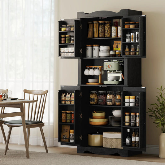 73 Inch Kitchen Pantry Cabinet, Freestanding Hutch, 12 Shelves, Black Kitchen Pantry Cabinets Black at Gallery Canada