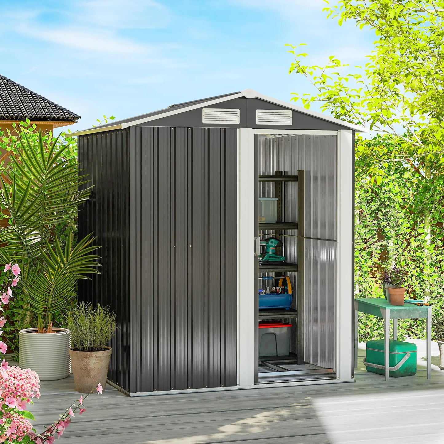 5ft x 4ft Metal Storage Shed, Sliding Door, Top Vents, Dark Grey Sheds at Gallery Canada
