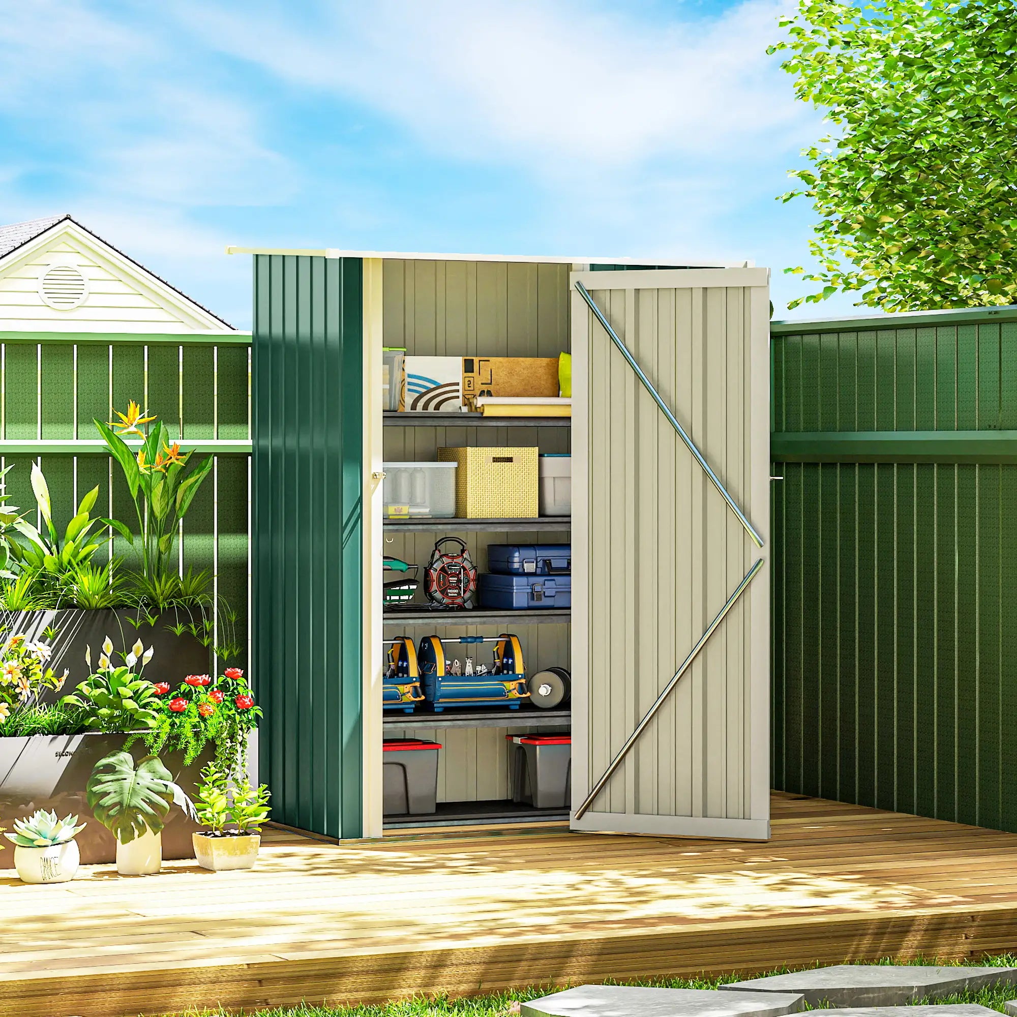 5 x 3ft Outdoor Metal Garden Shed, Sloped Roof, Lockable Door, Green Sheds at Gallery Canada